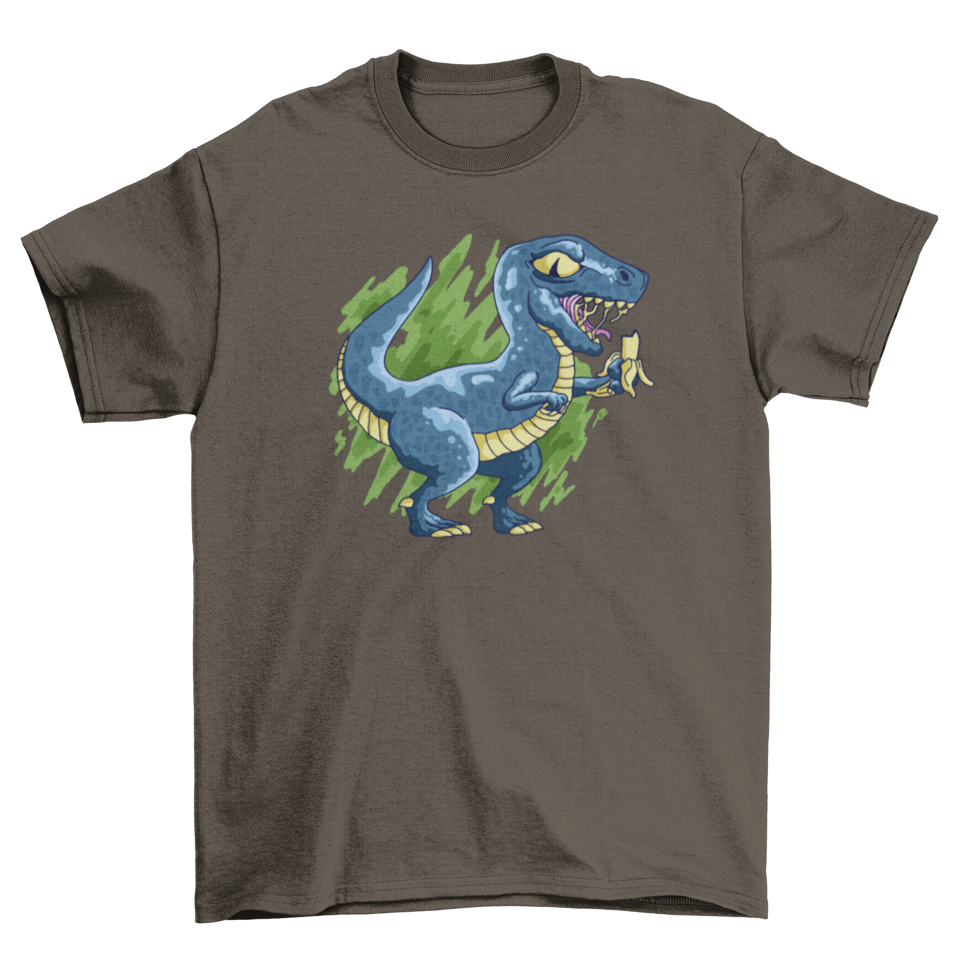 A colorful t-shirt featuring a velociraptor eating a banana, showcasing a fun and playful design.