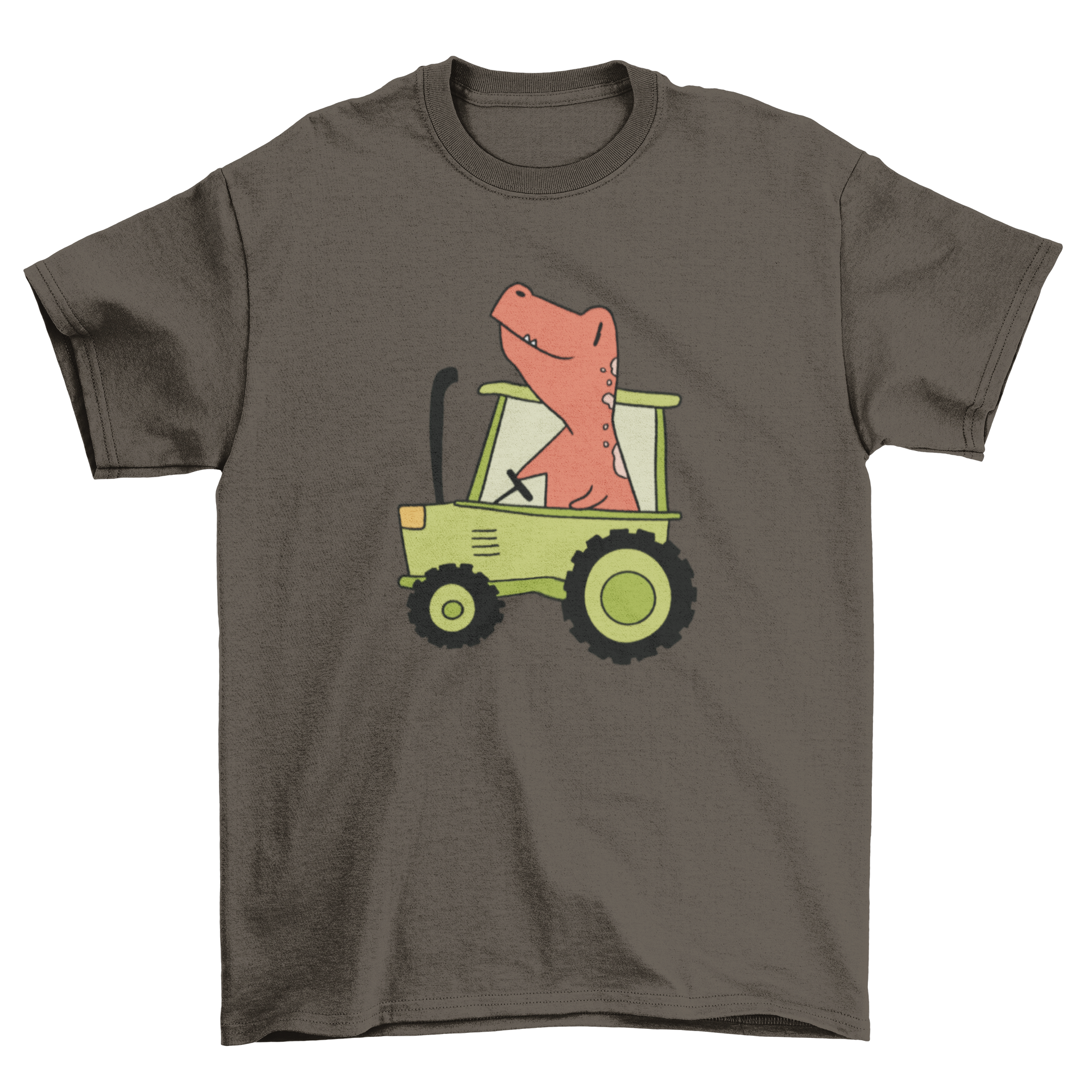 A colorful t-shirt featuring a playful dinosaur illustration driving a tractor, perfect for kids and adults.