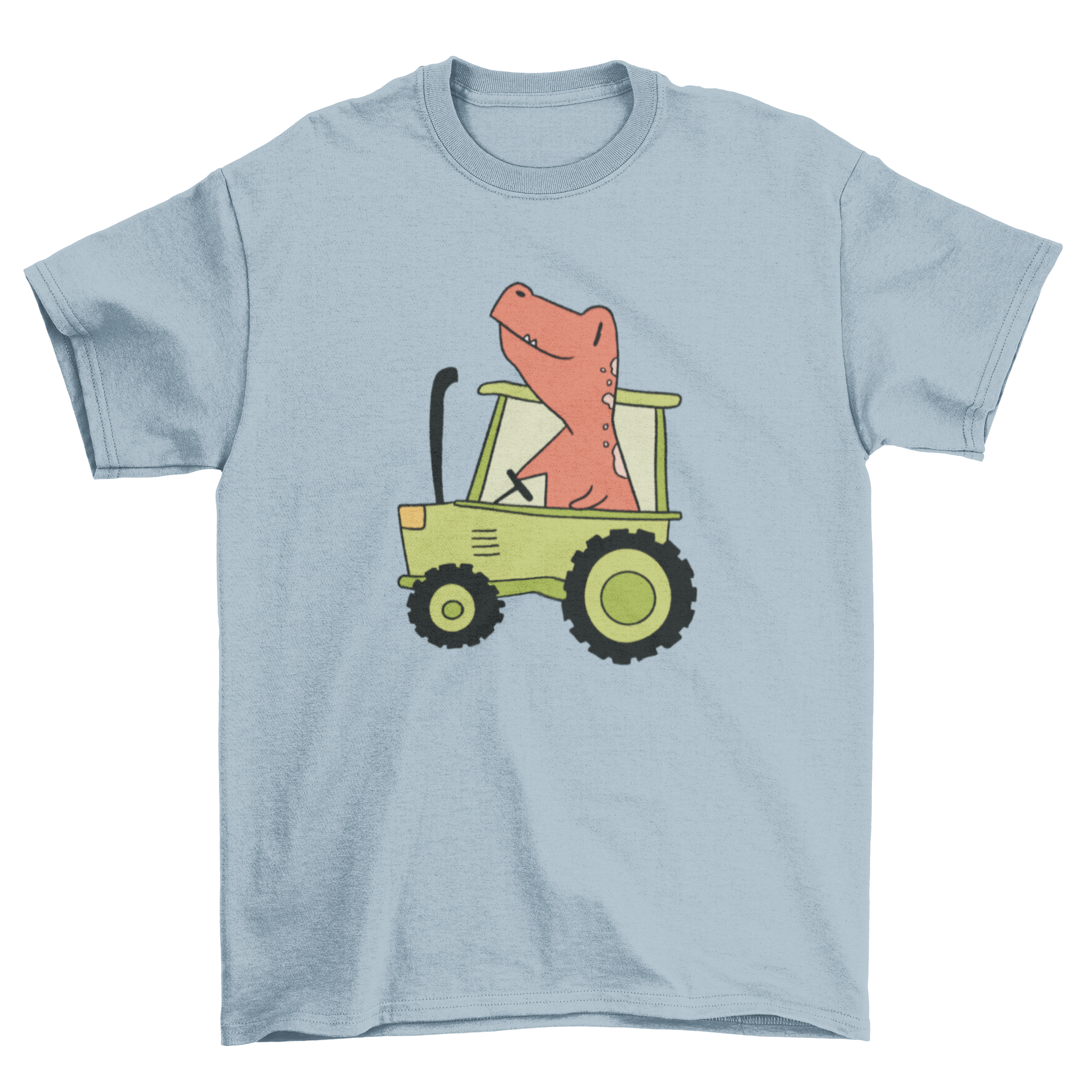 A colorful t-shirt featuring a playful dinosaur illustration driving a tractor, perfect for kids and adults.