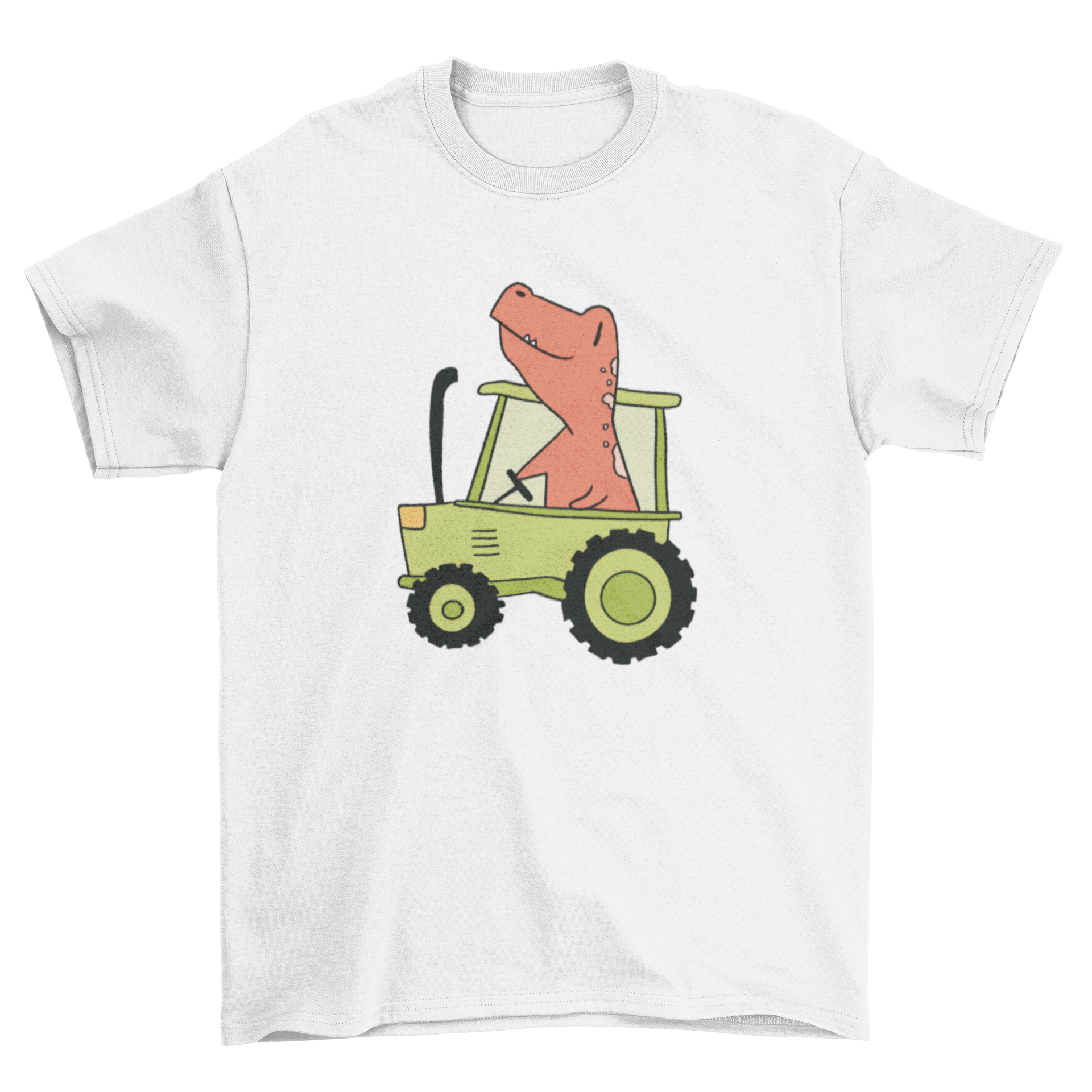 A colorful t-shirt featuring a playful dinosaur illustration driving a tractor, perfect for kids and adults.
