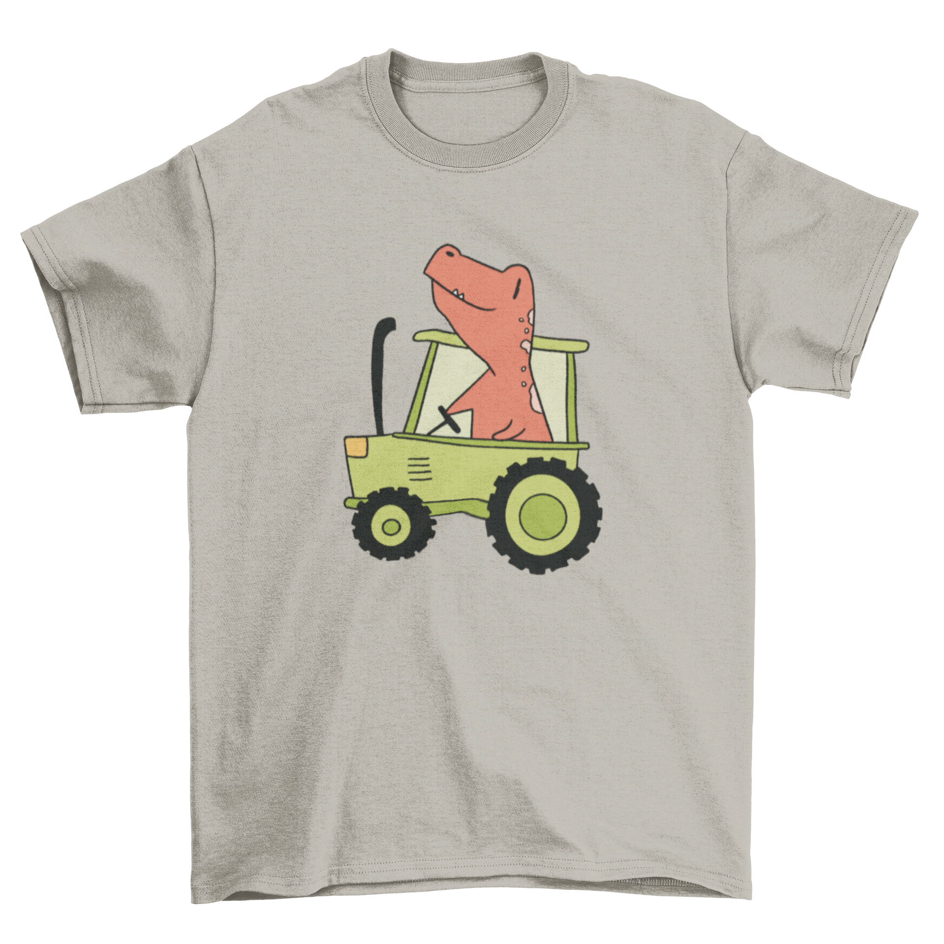 A colorful t-shirt featuring a playful dinosaur illustration driving a tractor, perfect for kids and adults.