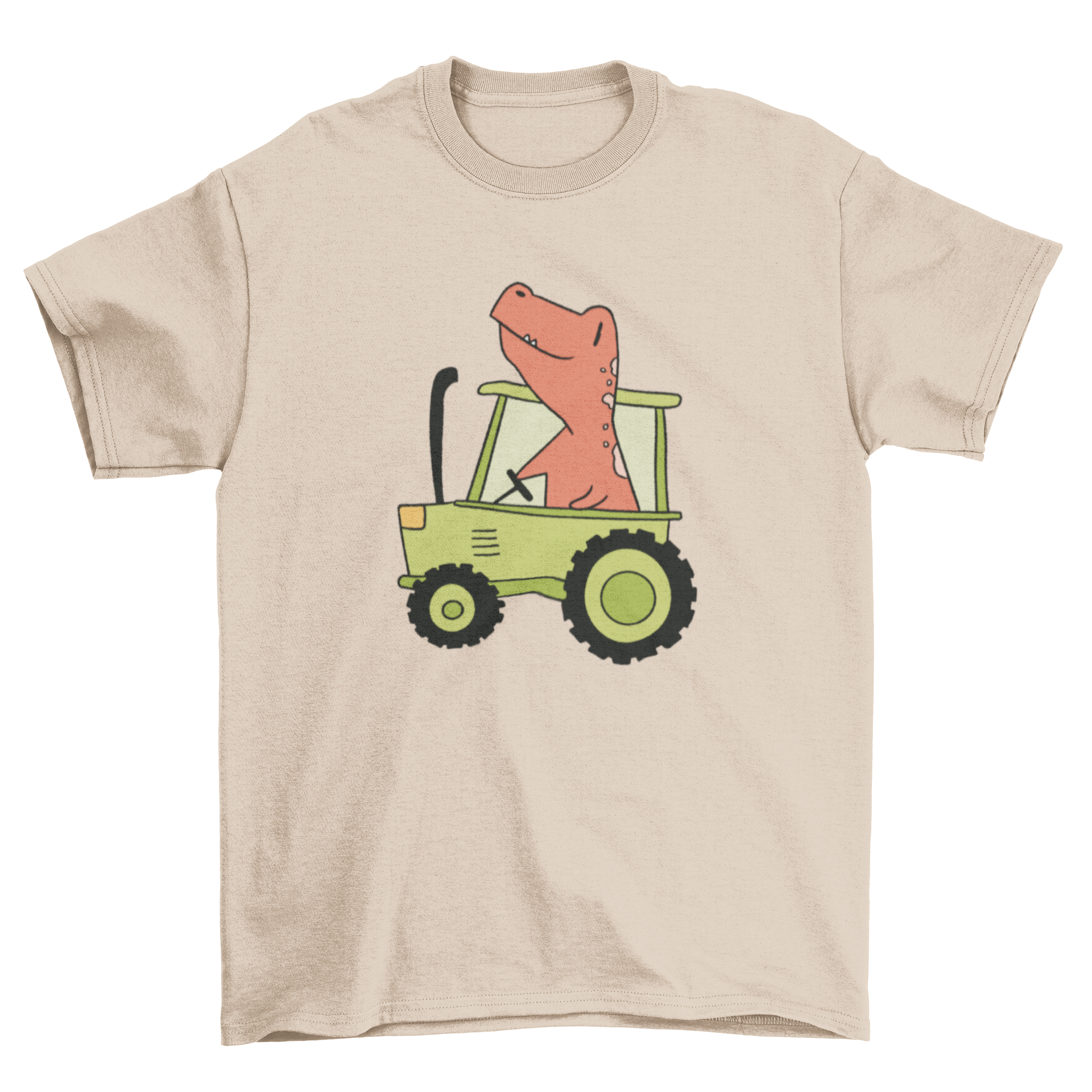 A colorful t-shirt featuring a playful dinosaur illustration driving a tractor, perfect for kids and adults.