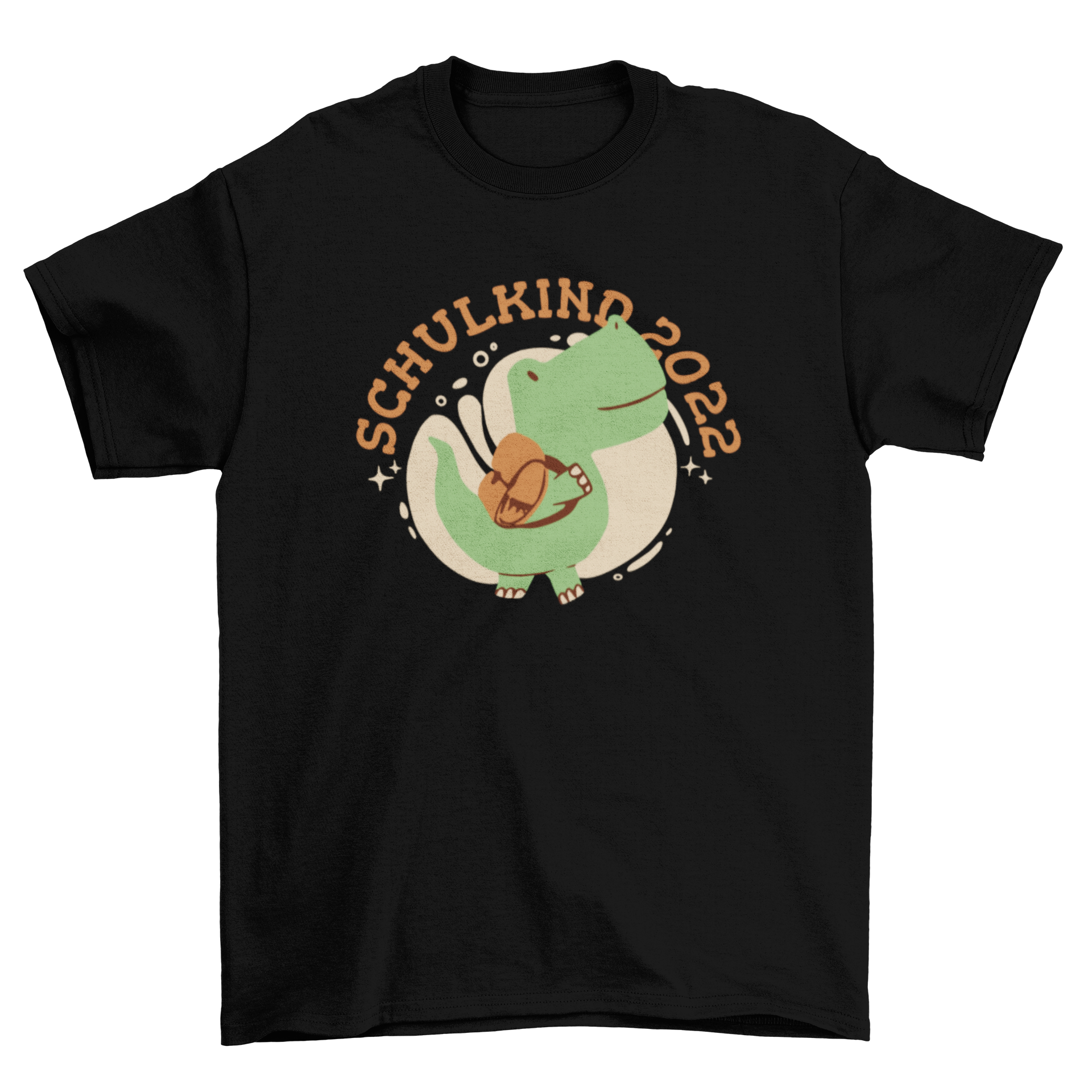 A colorful t-shirt featuring a cheerful dinosaur with a backpack and a German quote about school.
