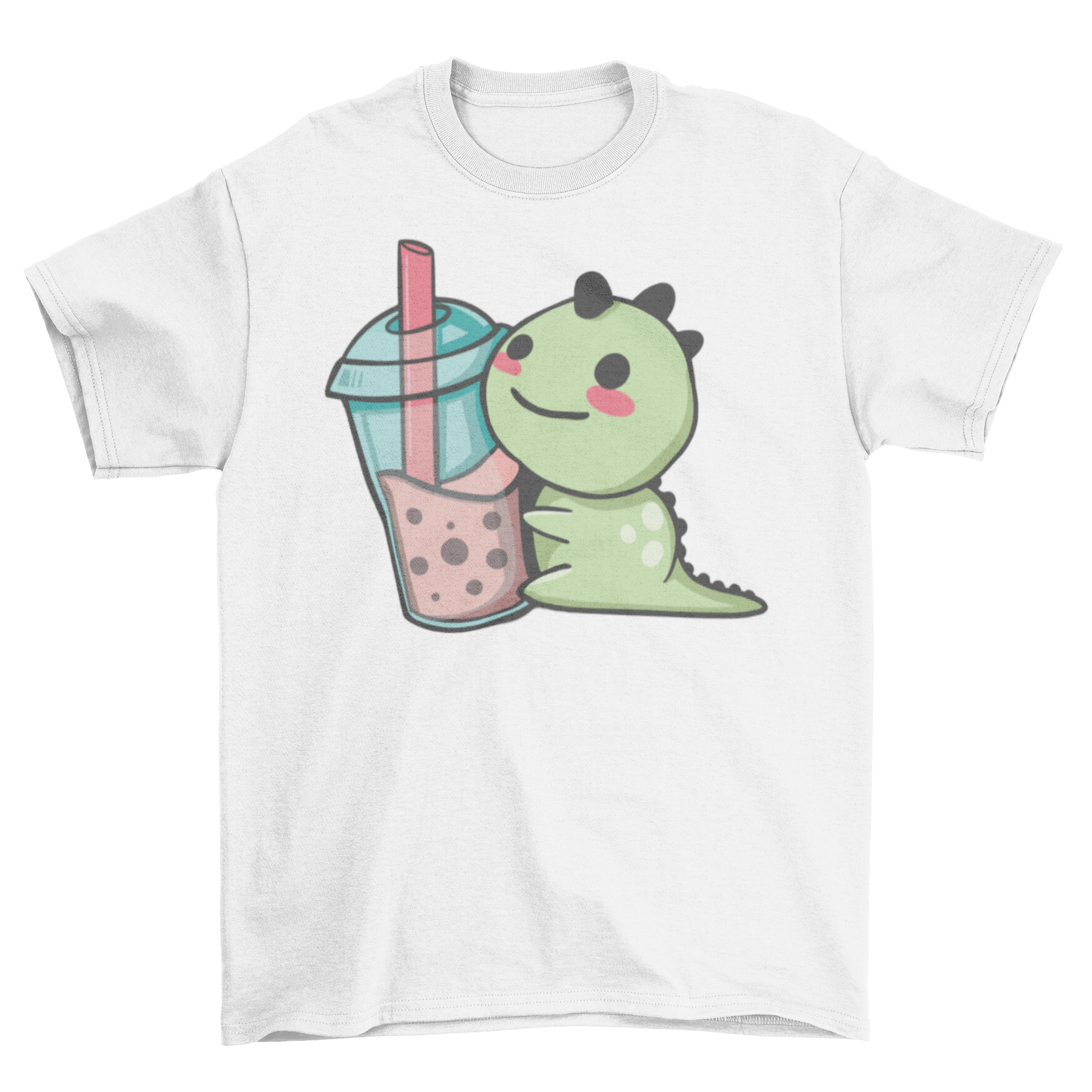 A cute t-shirt featuring a dinosaur hugging a bubble tea cup, showcasing a playful design.