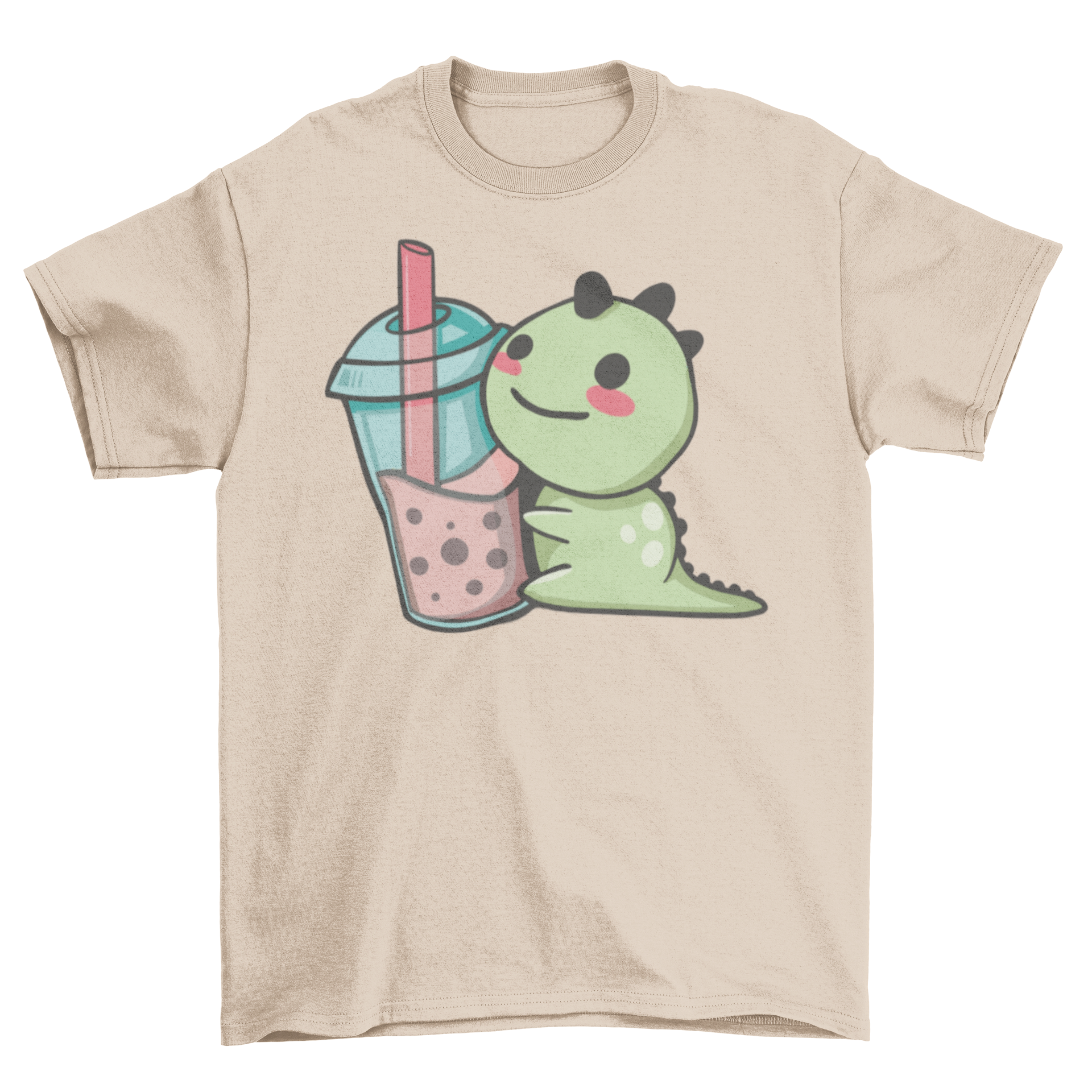 A cute t-shirt featuring a dinosaur hugging a bubble tea cup, showcasing a playful design.