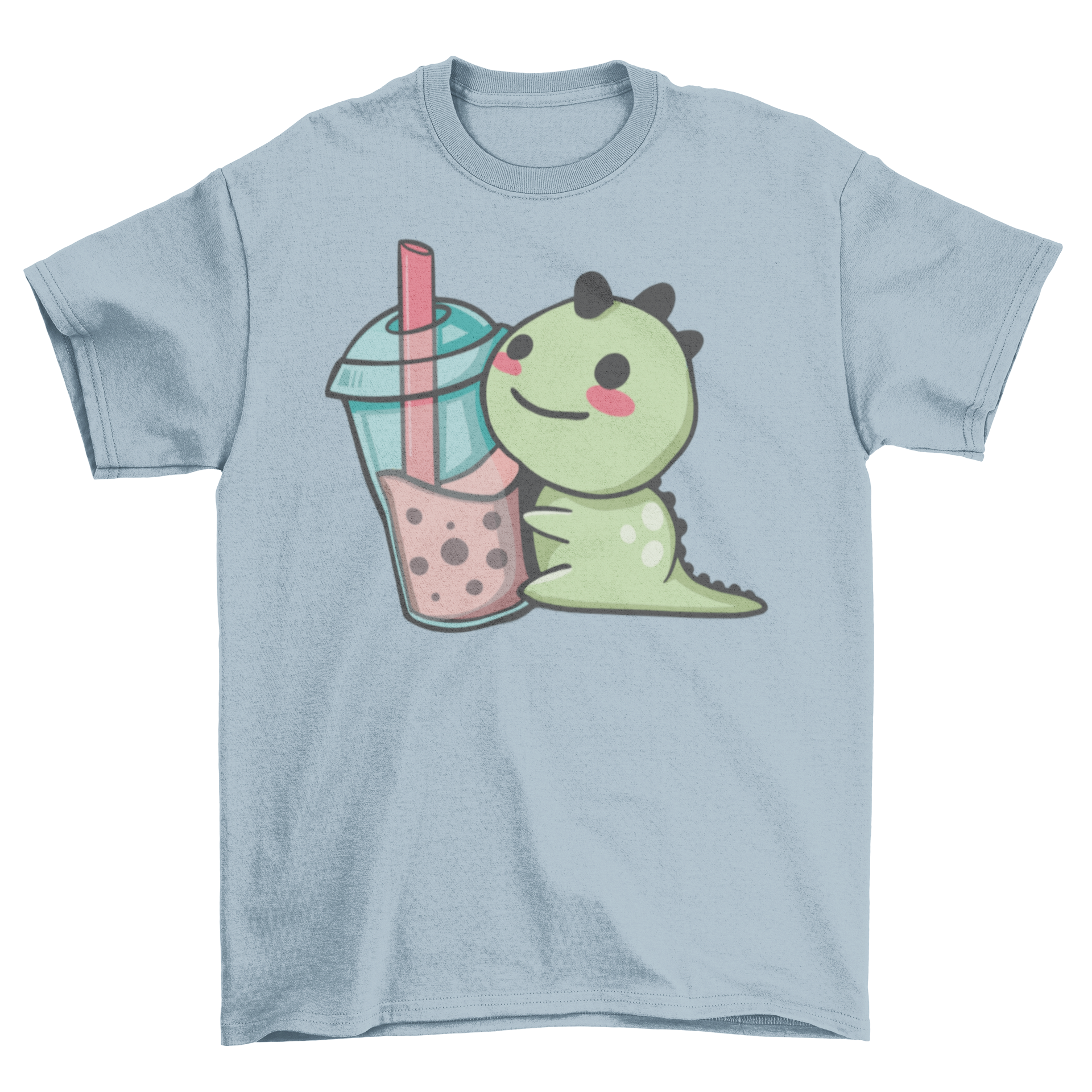 A cute t-shirt featuring a dinosaur hugging a bubble tea cup, showcasing a playful design.