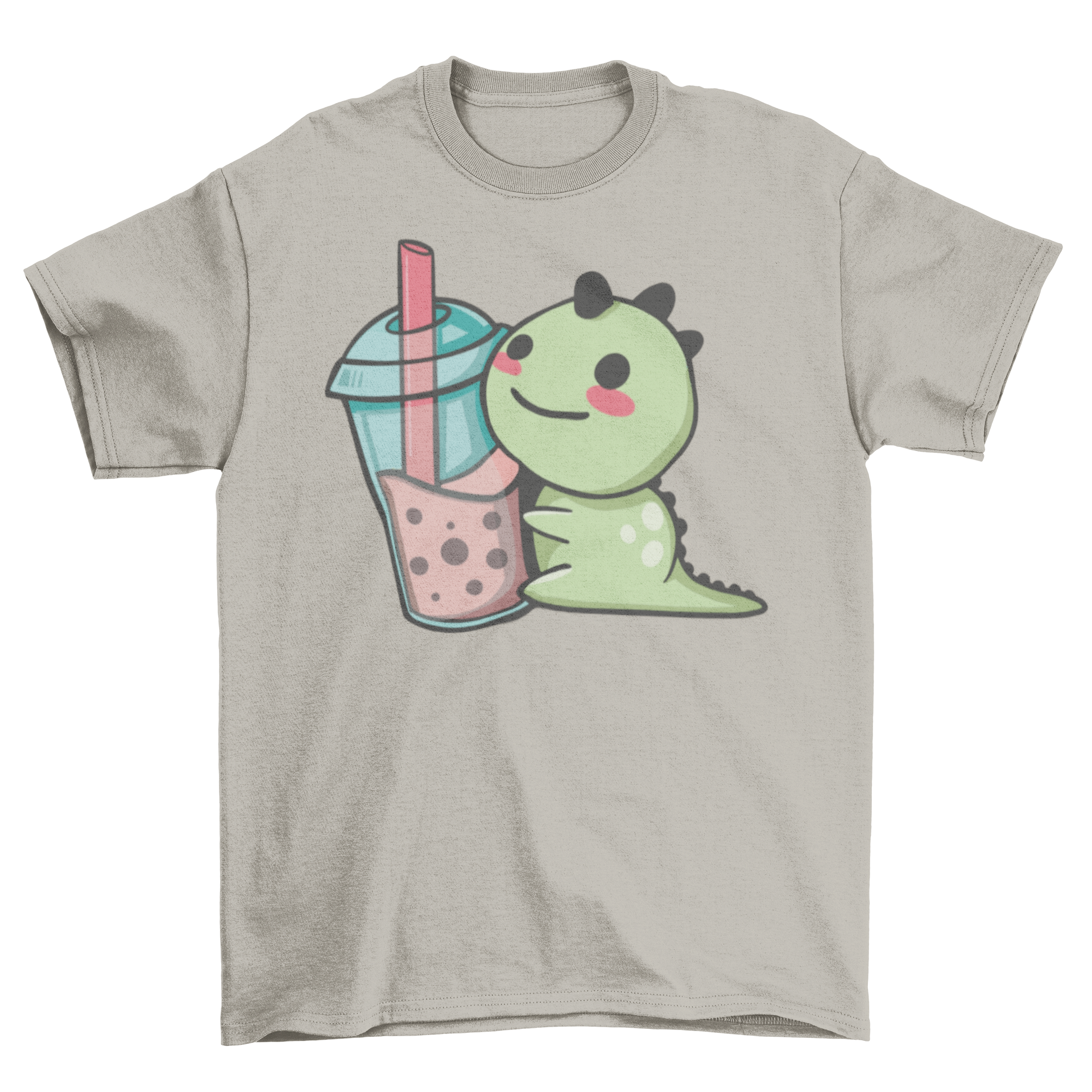 A cute t-shirt featuring a dinosaur hugging a bubble tea cup, showcasing a playful design.