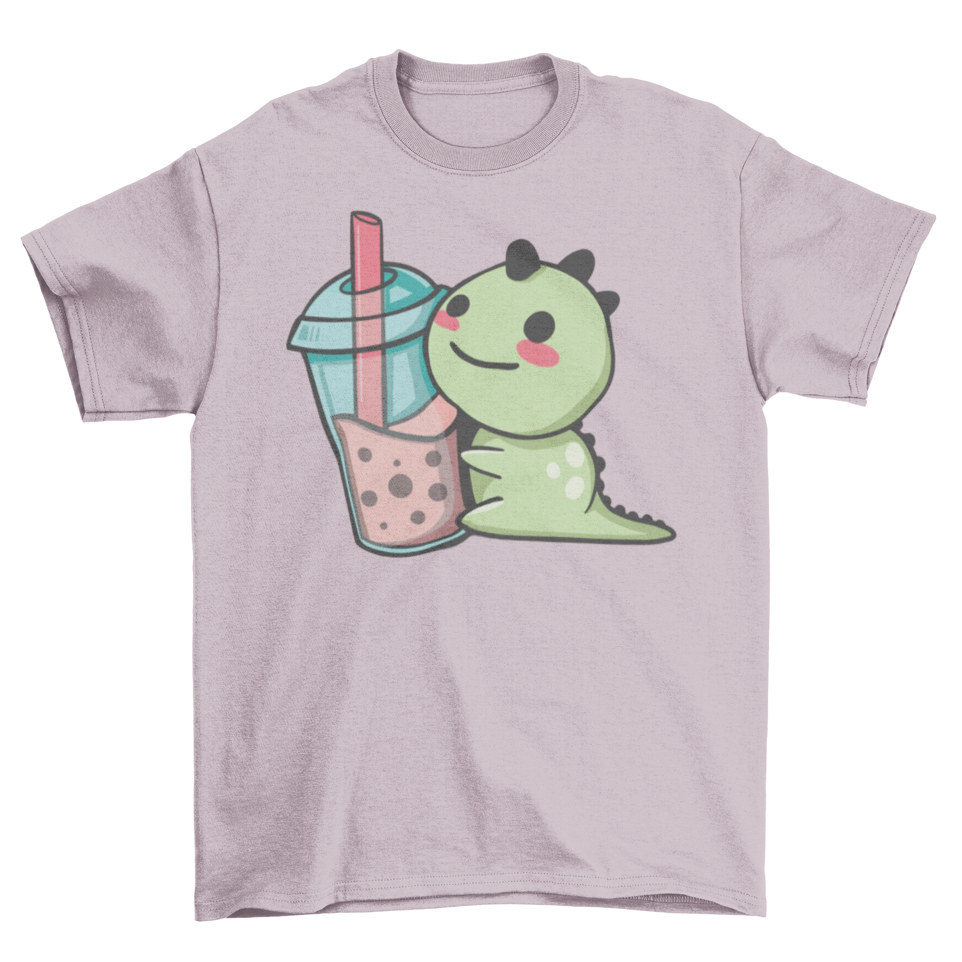 A cute t-shirt featuring a dinosaur hugging a bubble tea cup, showcasing a playful design.