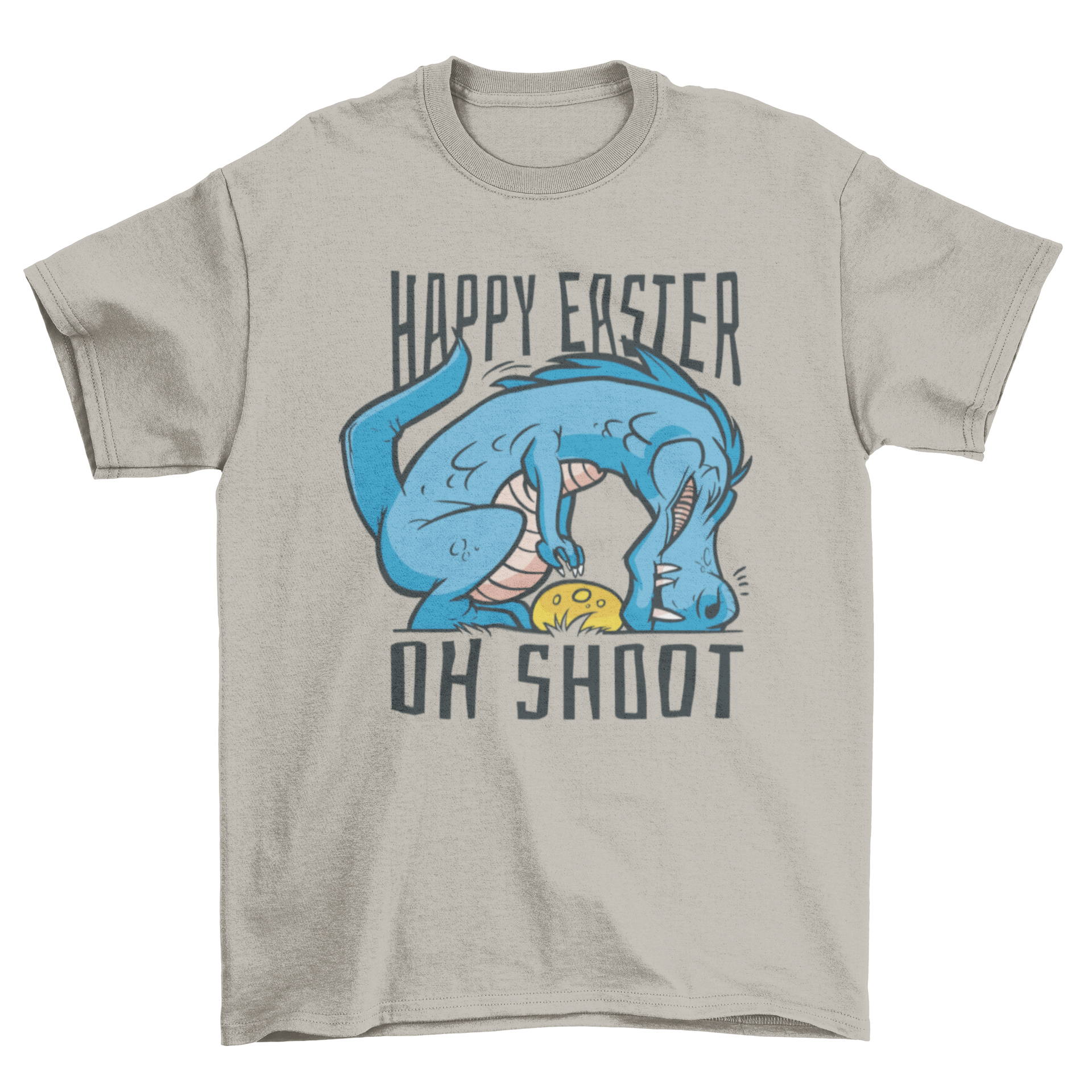 A playful t-shirt featuring a dinosaur holding an Easter egg with the quote 'Happy Easter, oh shoot'.