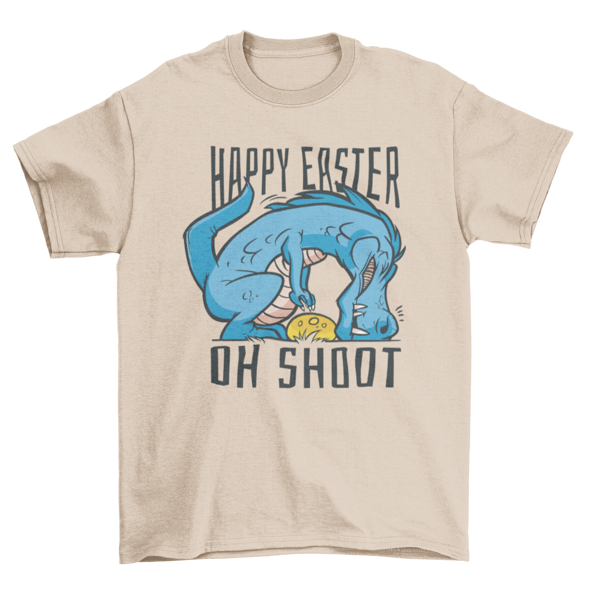 A playful t-shirt featuring a dinosaur holding an Easter egg with the quote 'Happy Easter, oh shoot'.