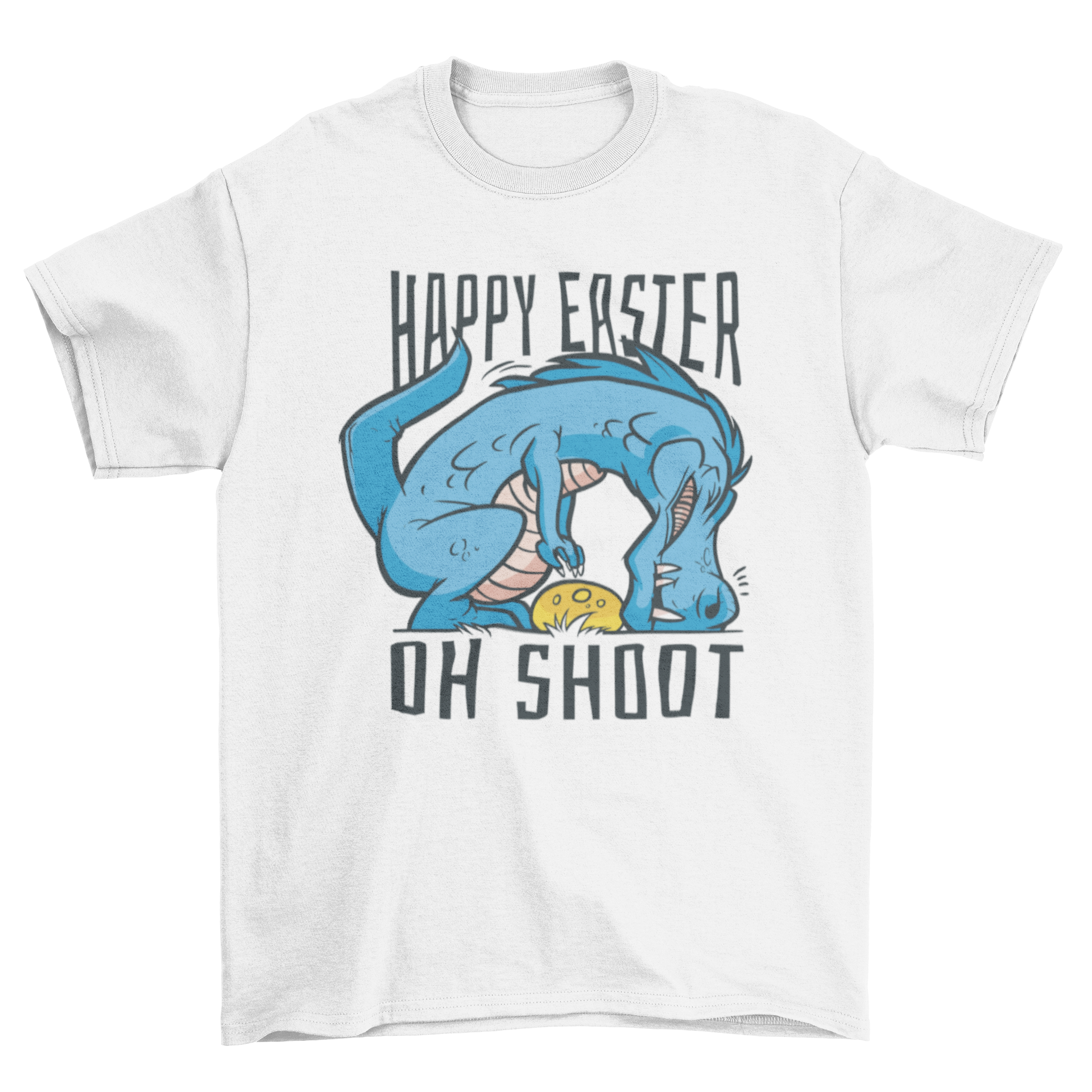 A playful t-shirt featuring a dinosaur holding an Easter egg with the quote 'Happy Easter, oh shoot'.