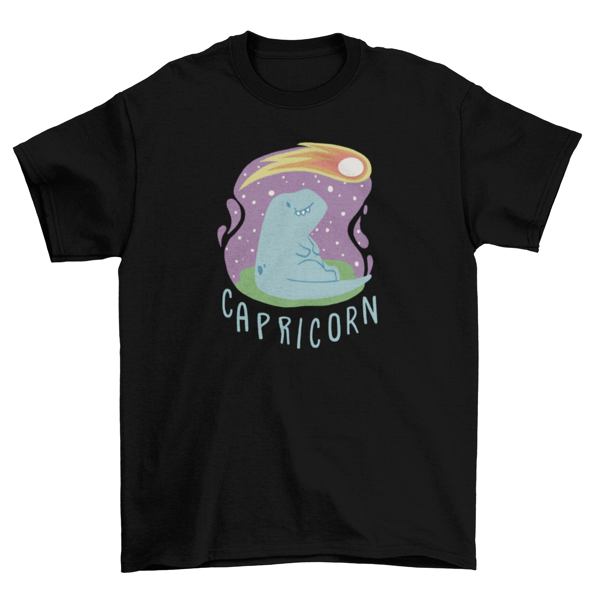 A cute t-shirt featuring a dinosaur looking at a shooting star, representing the Capricorn zodiac sign.