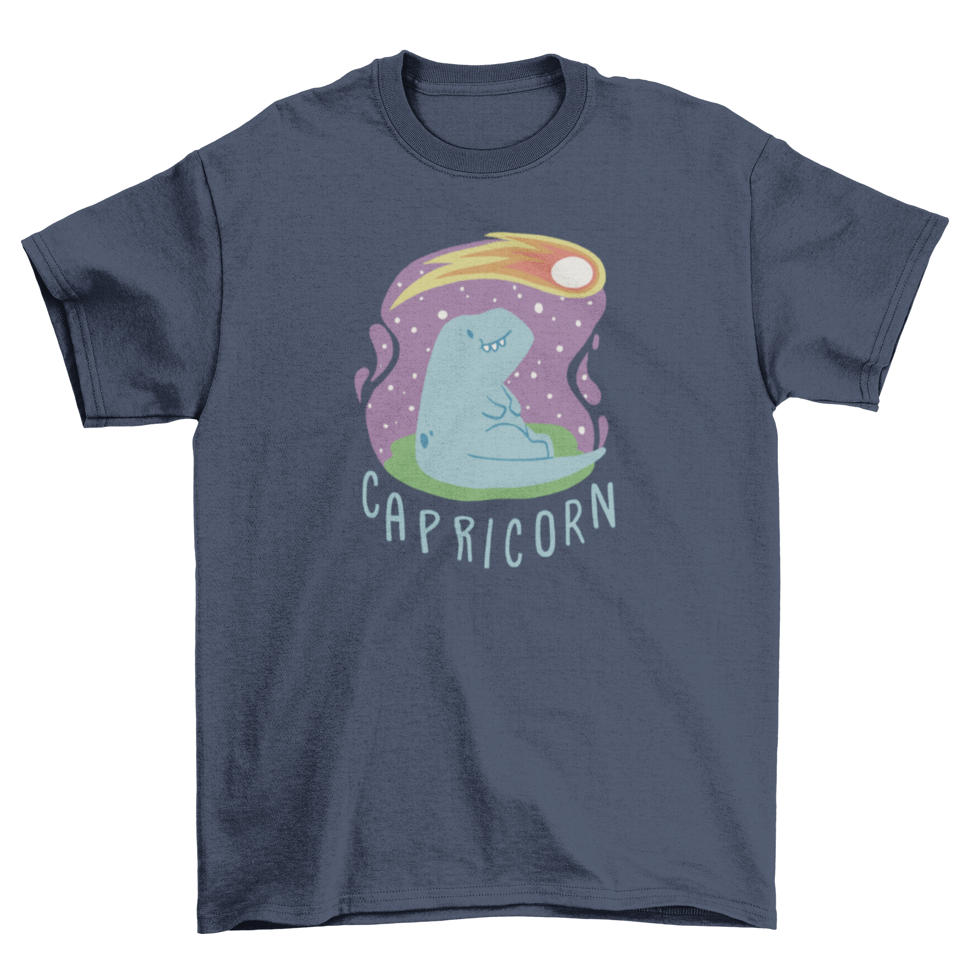A cute t-shirt featuring a dinosaur looking at a shooting star, representing the Capricorn zodiac sign.