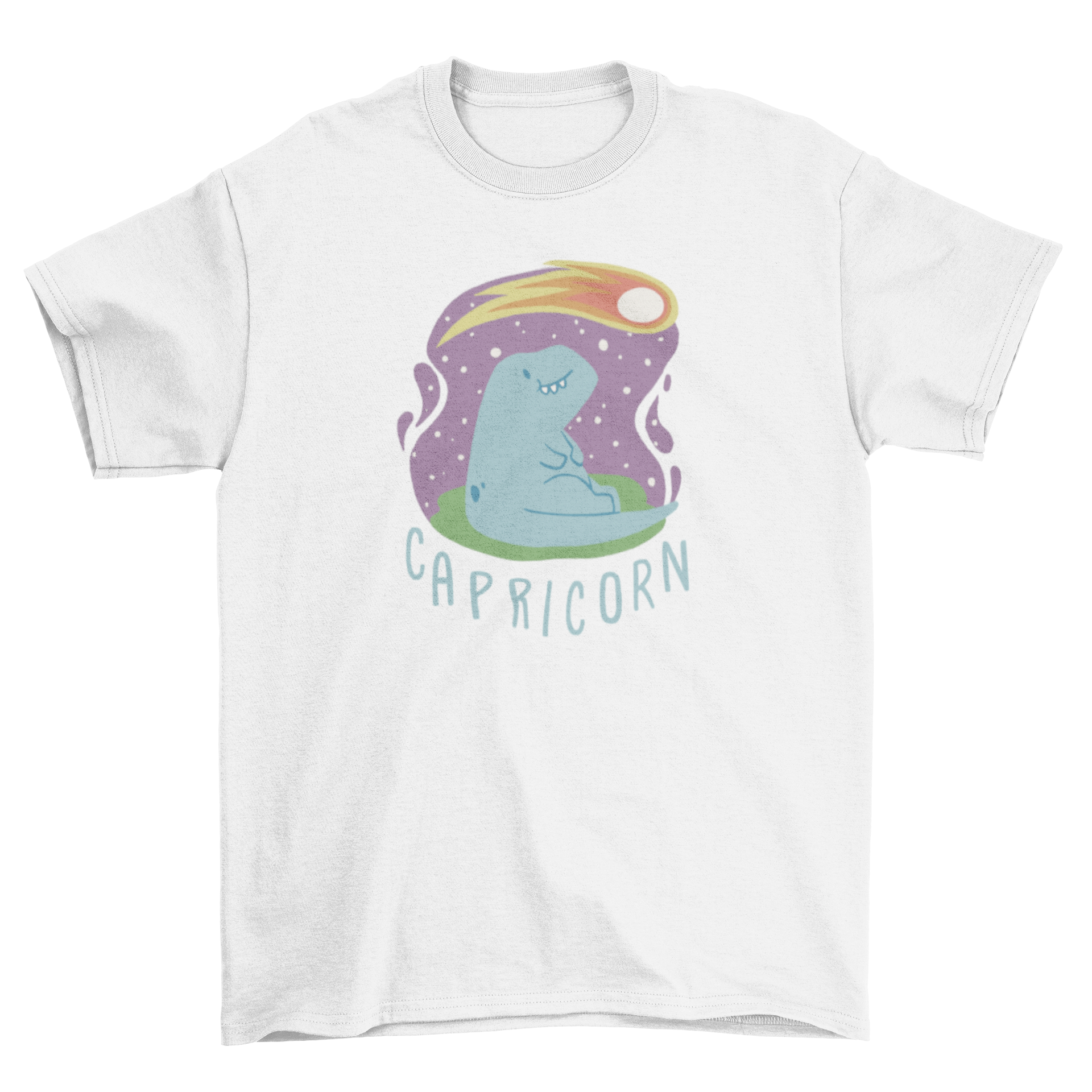 A cute t-shirt featuring a dinosaur looking at a shooting star, representing the Capricorn zodiac sign.