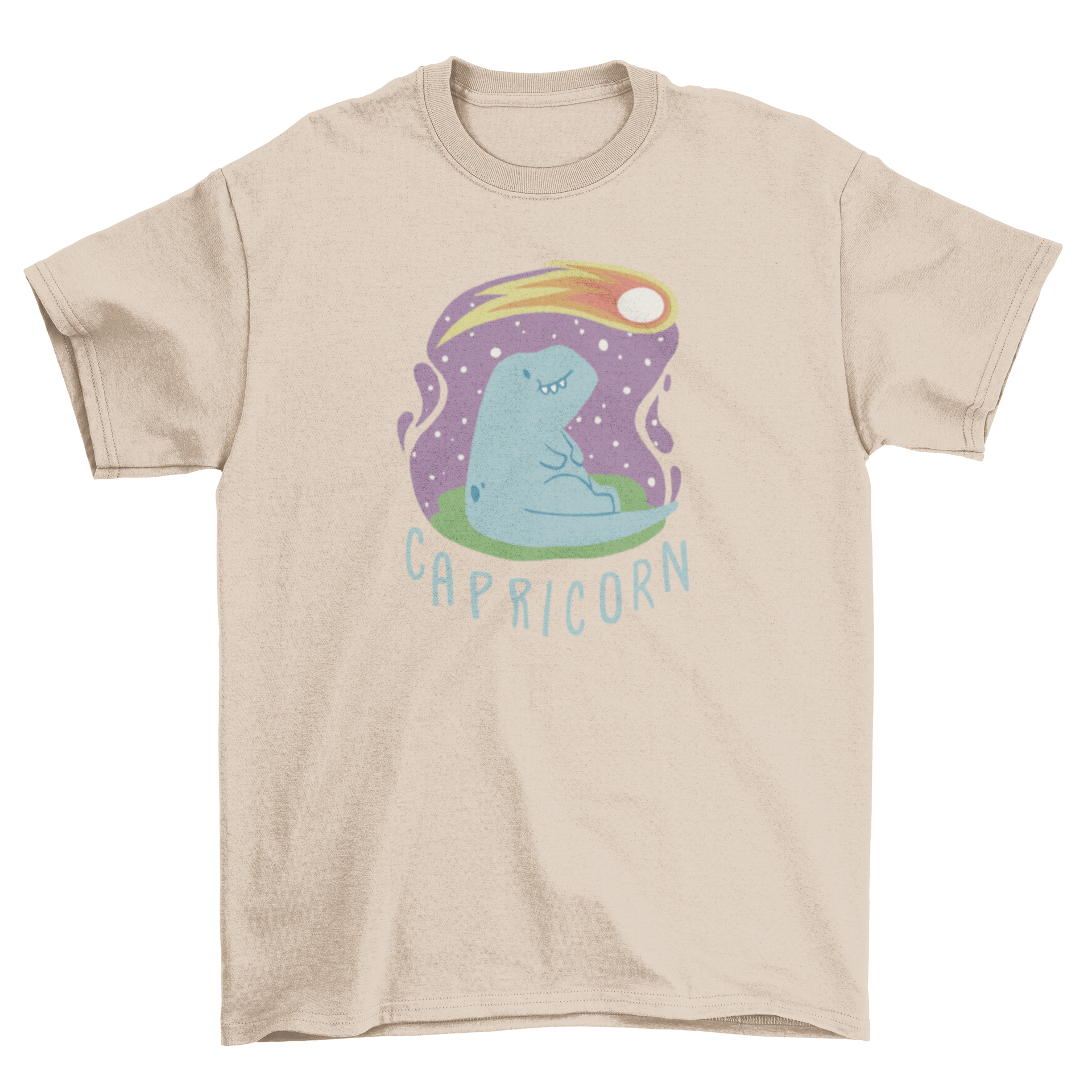 A cute t-shirt featuring a dinosaur looking at a shooting star, representing the Capricorn zodiac sign.