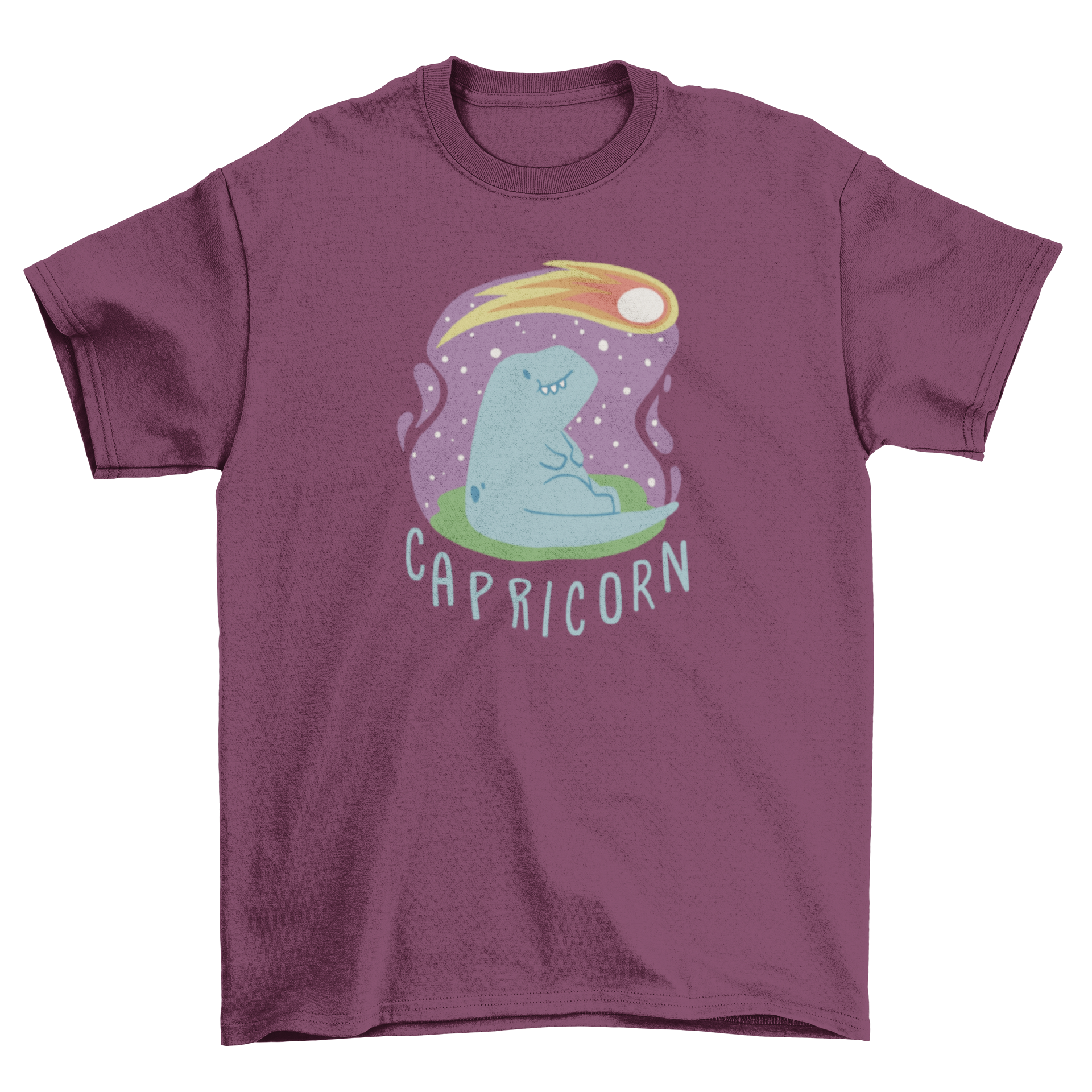 A cute t-shirt featuring a dinosaur looking at a shooting star, representing the Capricorn zodiac sign.