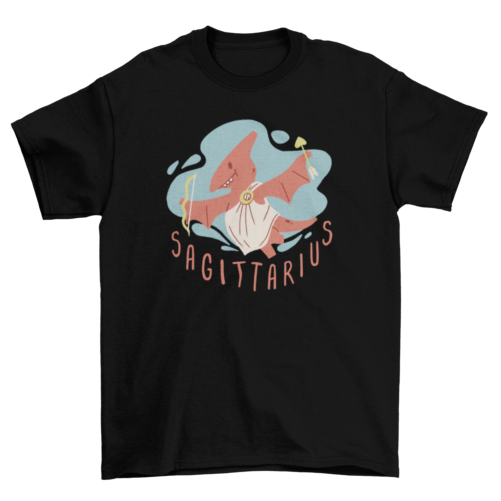 Cute Dinosaur Sagittarius T-shirt featuring a colorful dinosaur design representing the zodiac sign Sagittarius.