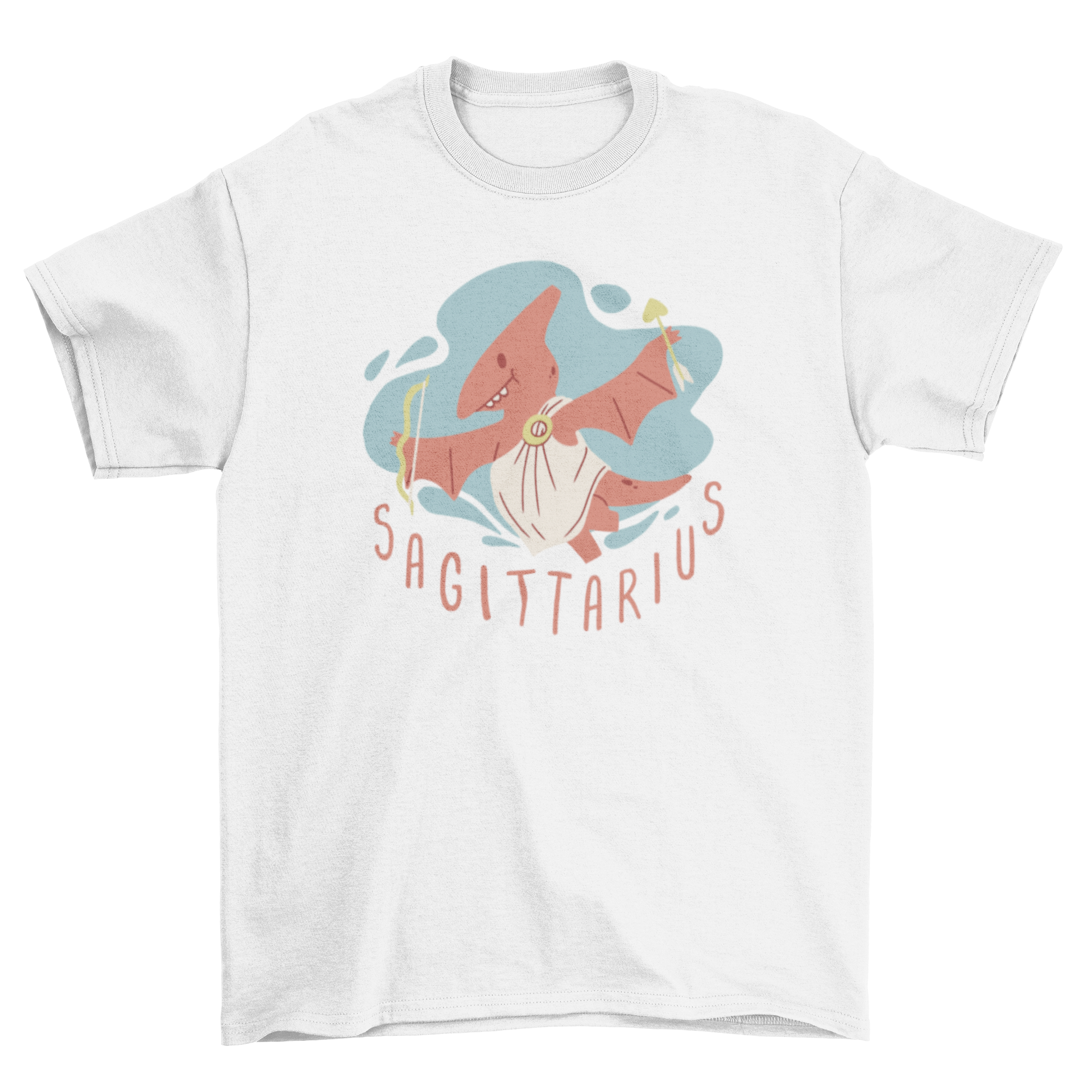 Cute Dinosaur Sagittarius T-shirt featuring a colorful dinosaur design representing the zodiac sign Sagittarius.