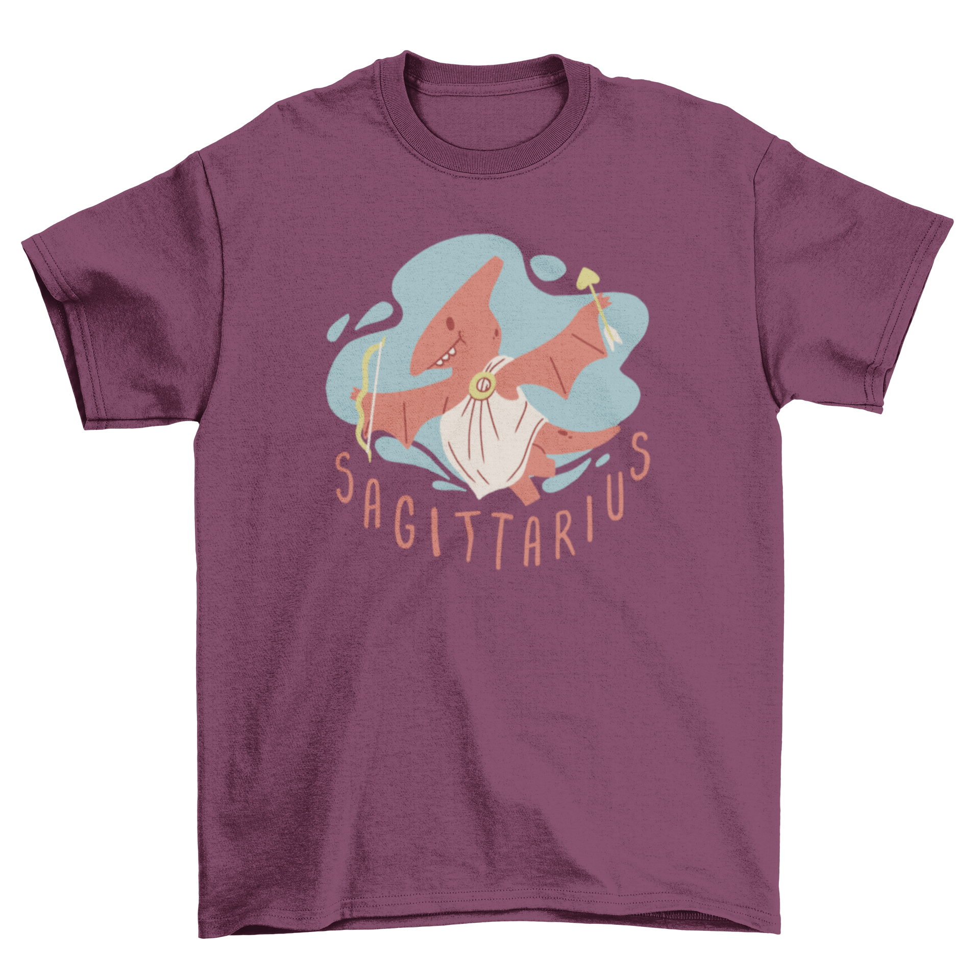 Cute Dinosaur Sagittarius T-shirt featuring a colorful dinosaur design representing the zodiac sign Sagittarius.