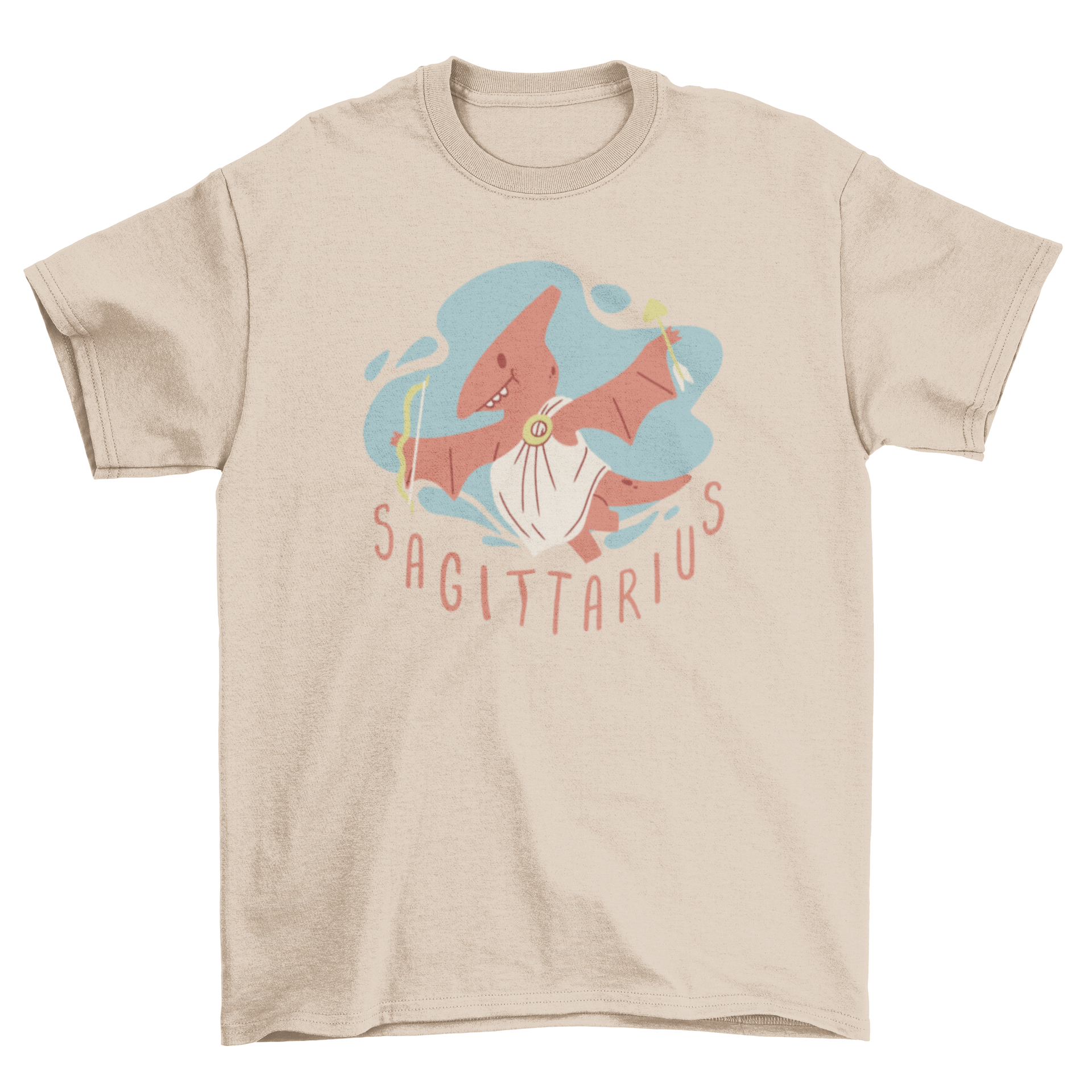 Cute Dinosaur Sagittarius T-shirt featuring a colorful dinosaur design representing the zodiac sign Sagittarius.