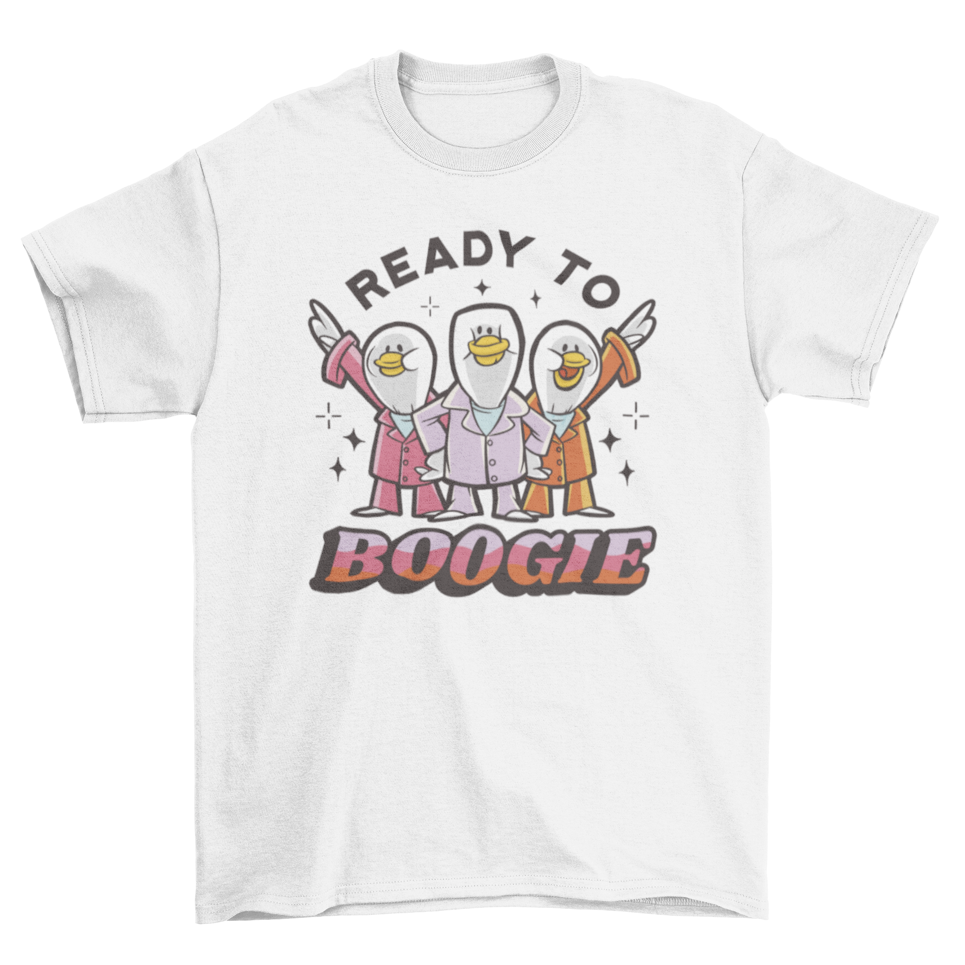 A colorful cartoon t-shirt featuring three dancing ducks with the quote 'Ready to boogie'.