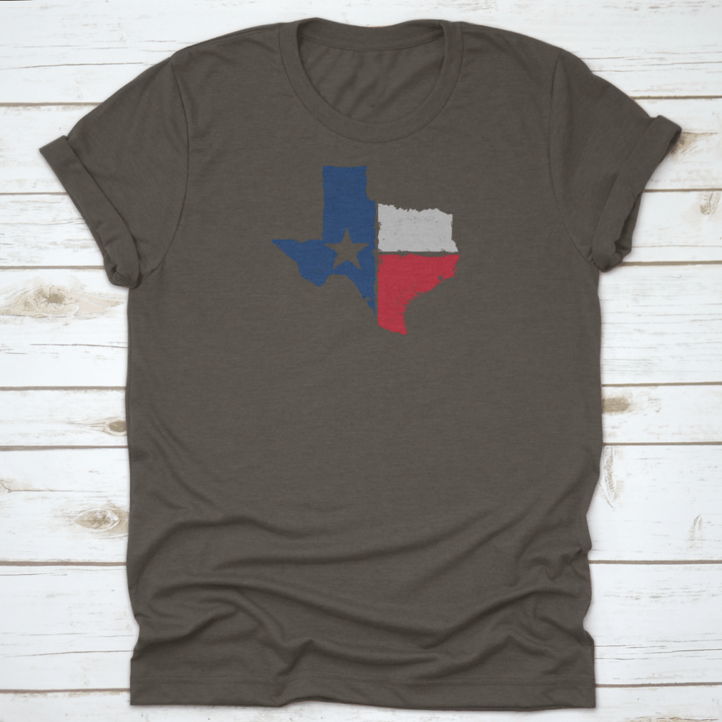 Distressed Texture Texas State Icon design on a comfortable cotton t-shirt, showcasing Texas pride.