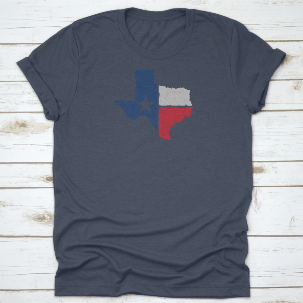 Distressed Texture Texas State Icon design on a comfortable cotton t-shirt, showcasing Texas pride.