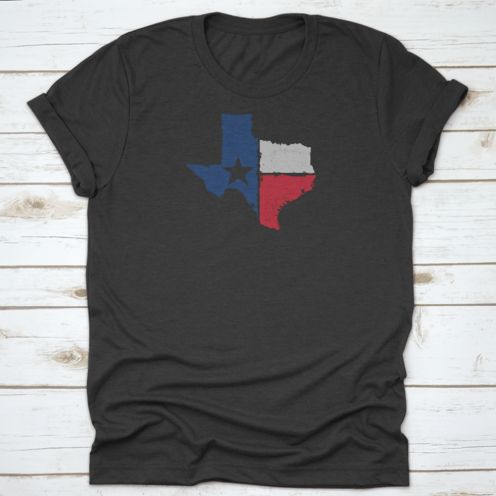 Distressed Texture Texas State Icon design on a comfortable cotton t-shirt, showcasing Texas pride.