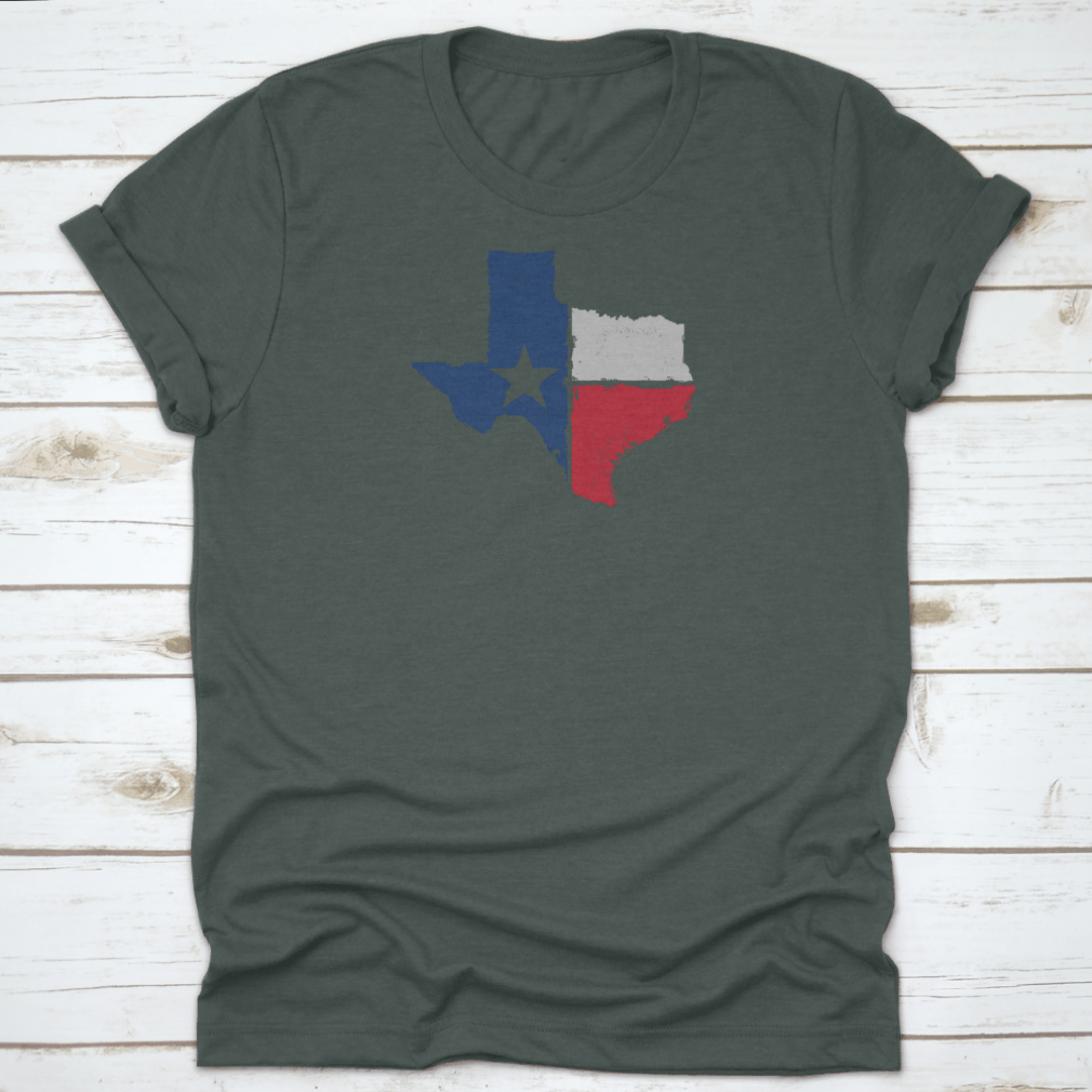 Distressed Texture Texas State Icon design on a comfortable cotton t-shirt, showcasing Texas pride.