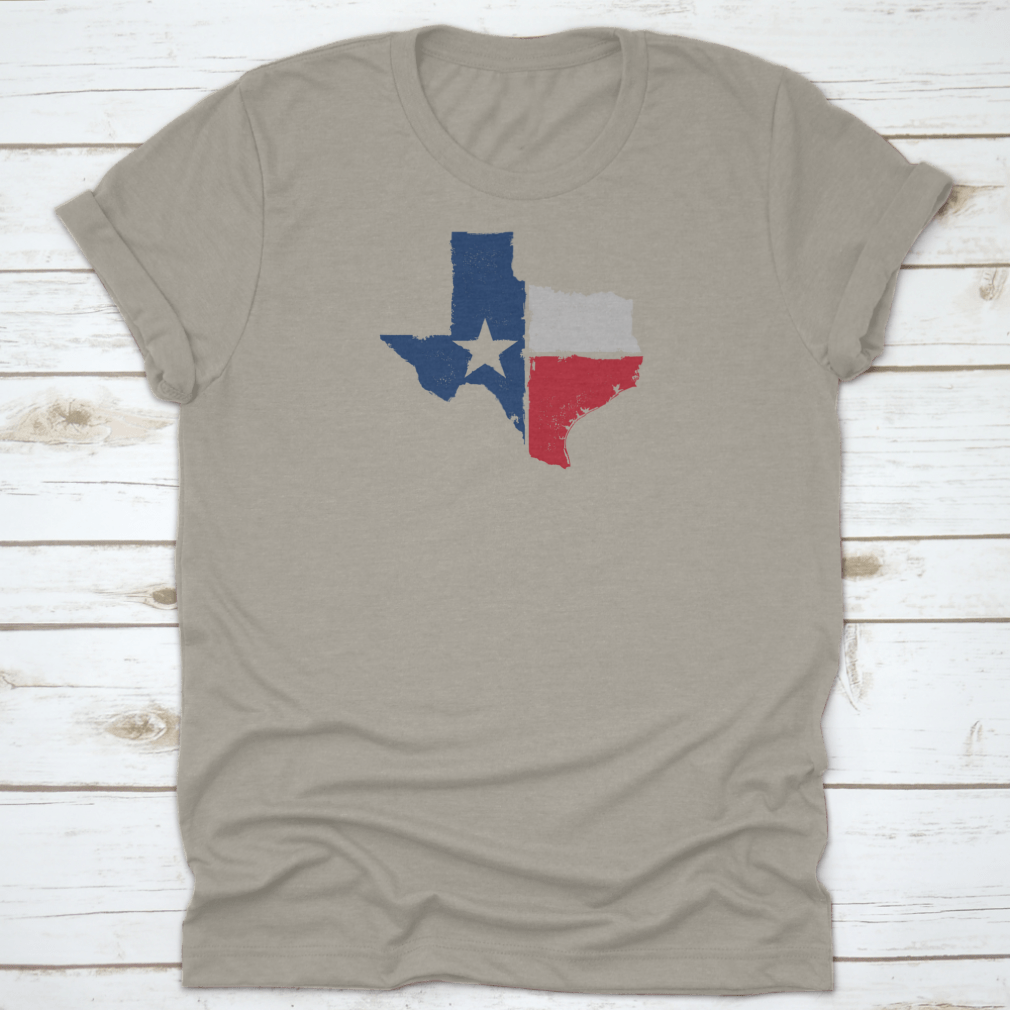 Distressed Texture Texas State Icon design on a comfortable cotton t-shirt, showcasing Texas pride.