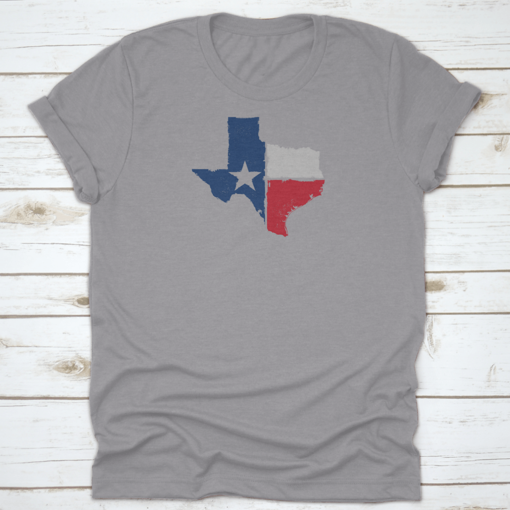 Distressed Texture Texas State Icon design on a comfortable cotton t-shirt, showcasing Texas pride.
