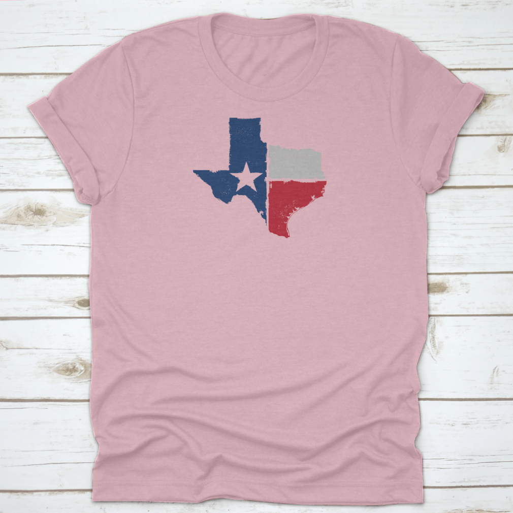 Distressed Texture Texas State Icon design on a comfortable cotton t-shirt, showcasing Texas pride.