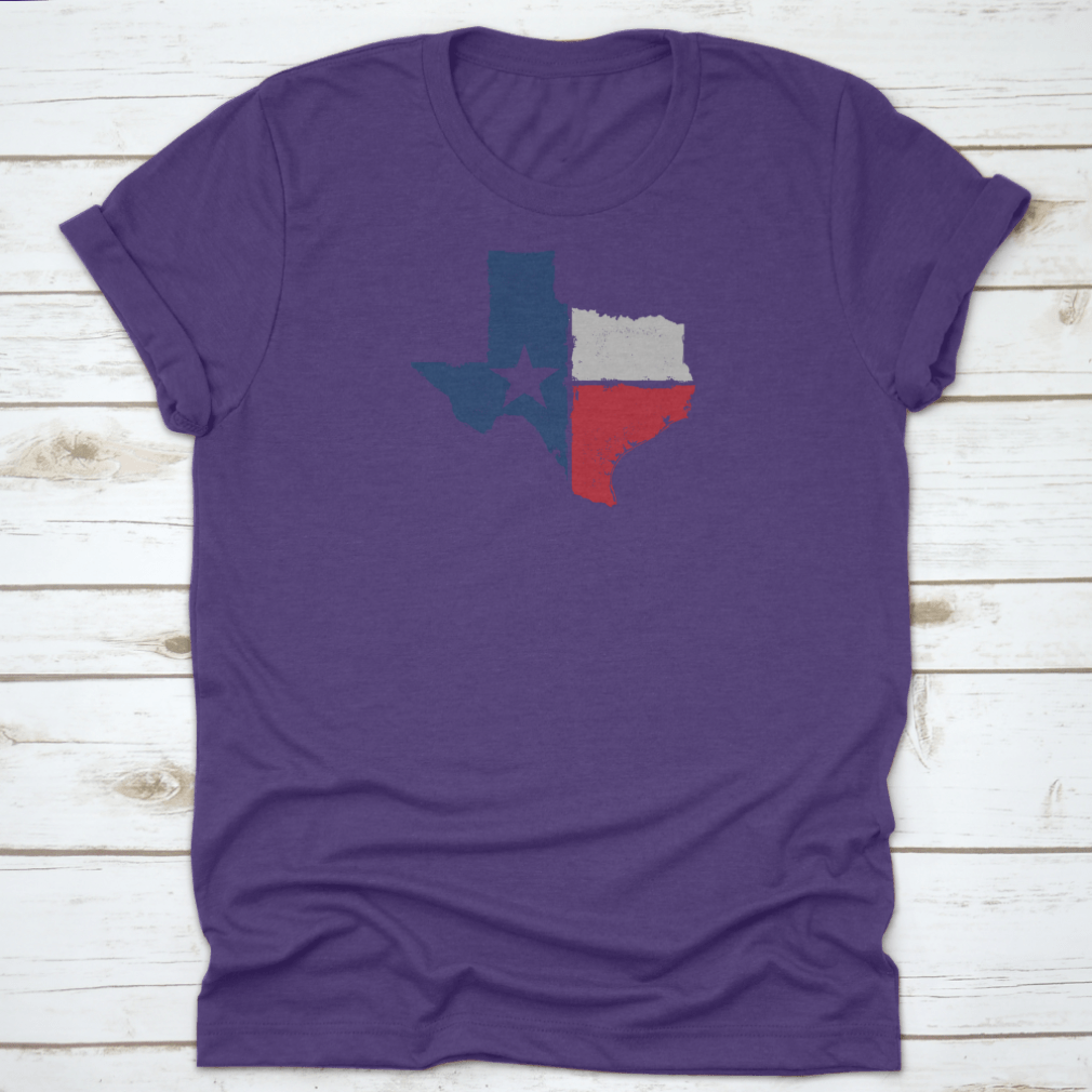 Distressed Texture Texas State Icon design on a comfortable cotton t-shirt, showcasing Texas pride.