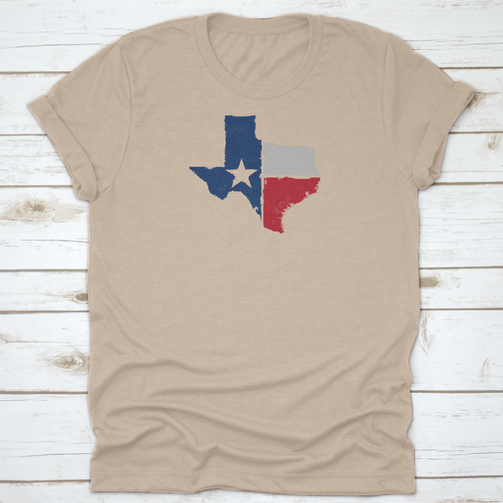 Distressed Texture Texas State Icon design on a comfortable cotton t-shirt, showcasing Texas pride.