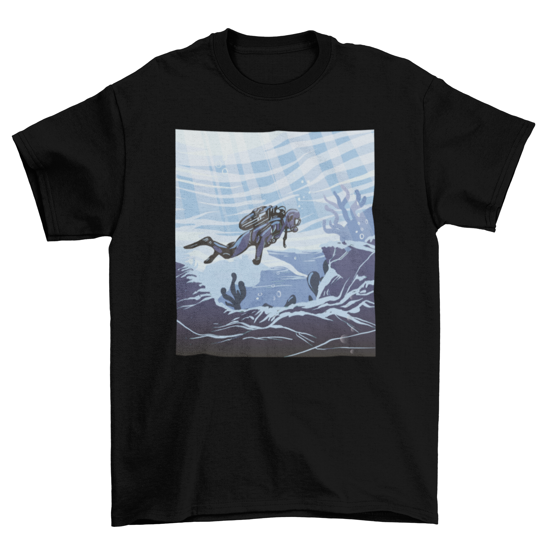 A stylish t-shirt featuring an intricate illustration of an underwater diver surrounded by marine life, perfect for ocean enthusiasts.