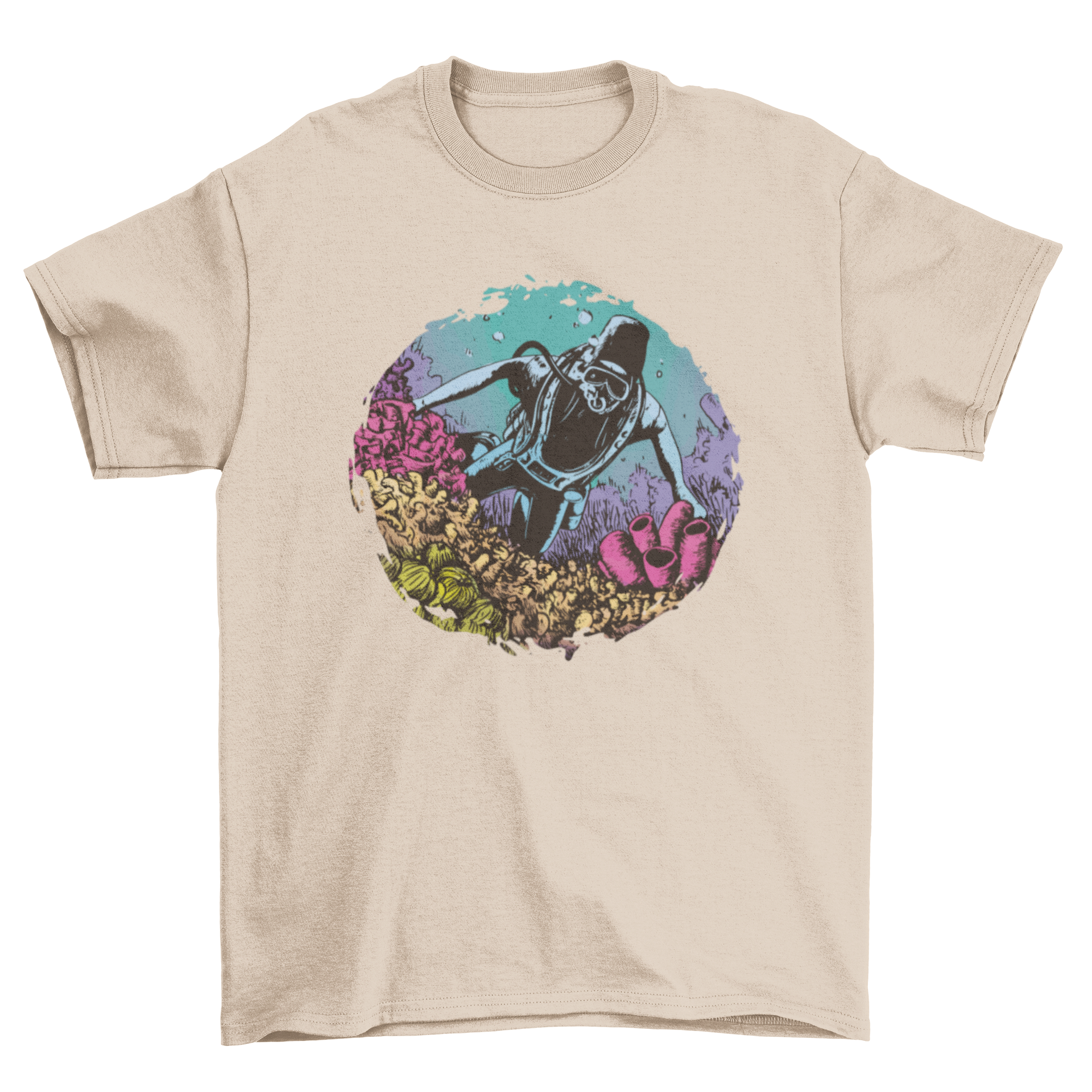 A vibrant t-shirt featuring a diver exploring colorful coral reefs underwater, showcasing marine life.