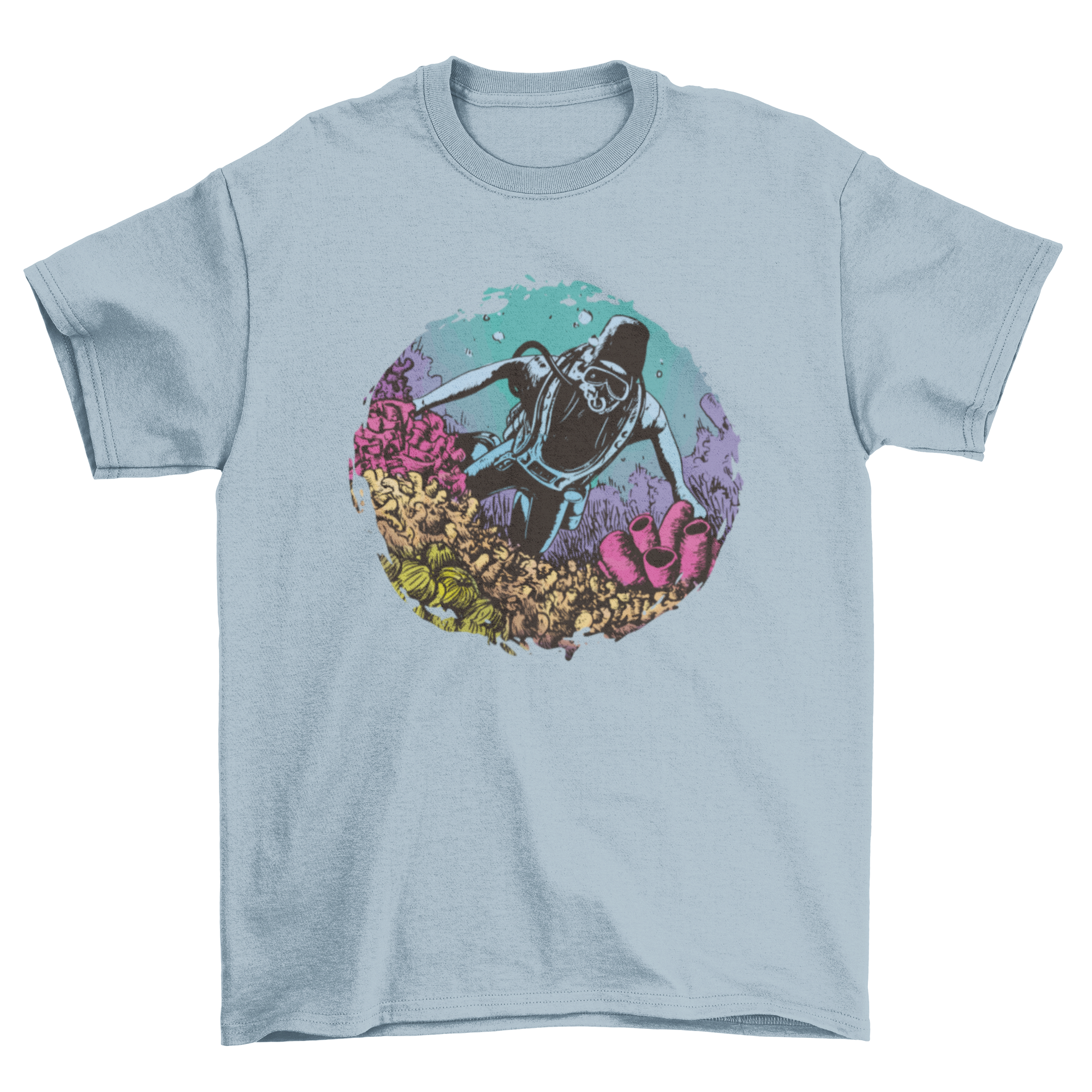 A vibrant t-shirt featuring a diver exploring colorful coral reefs underwater, showcasing marine life.