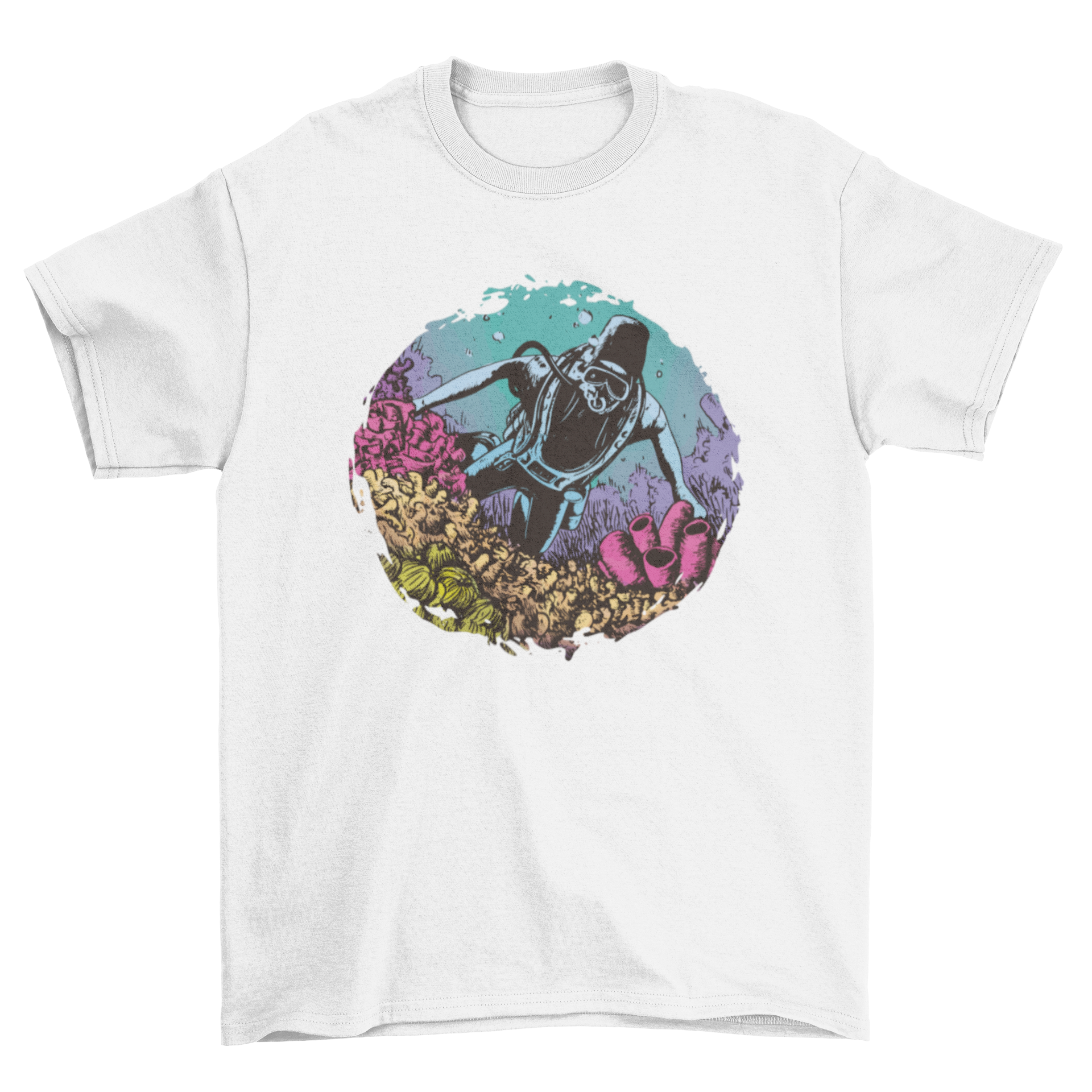 A vibrant t-shirt featuring a diver exploring colorful coral reefs underwater, showcasing marine life.