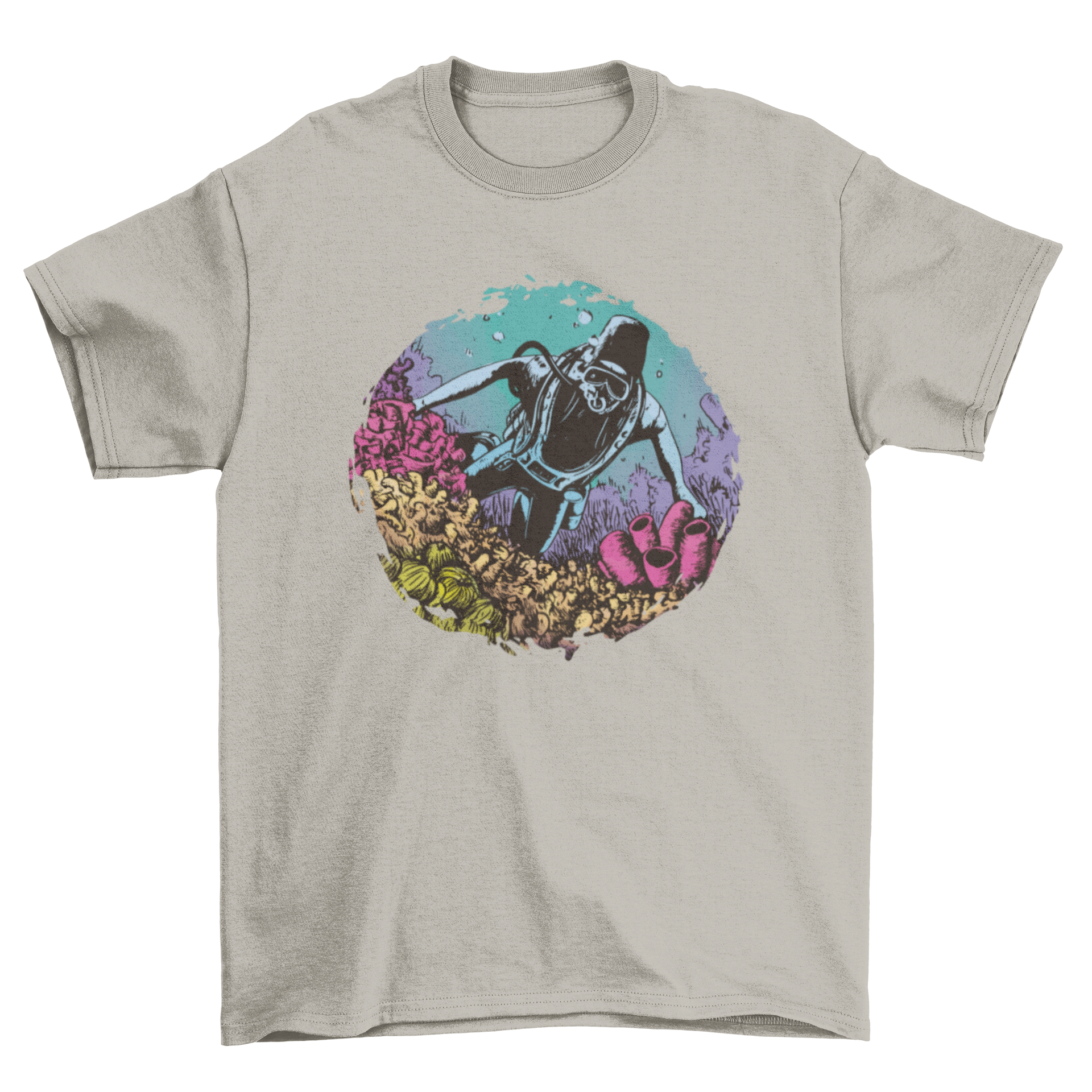A vibrant t-shirt featuring a diver exploring colorful coral reefs underwater, showcasing marine life.