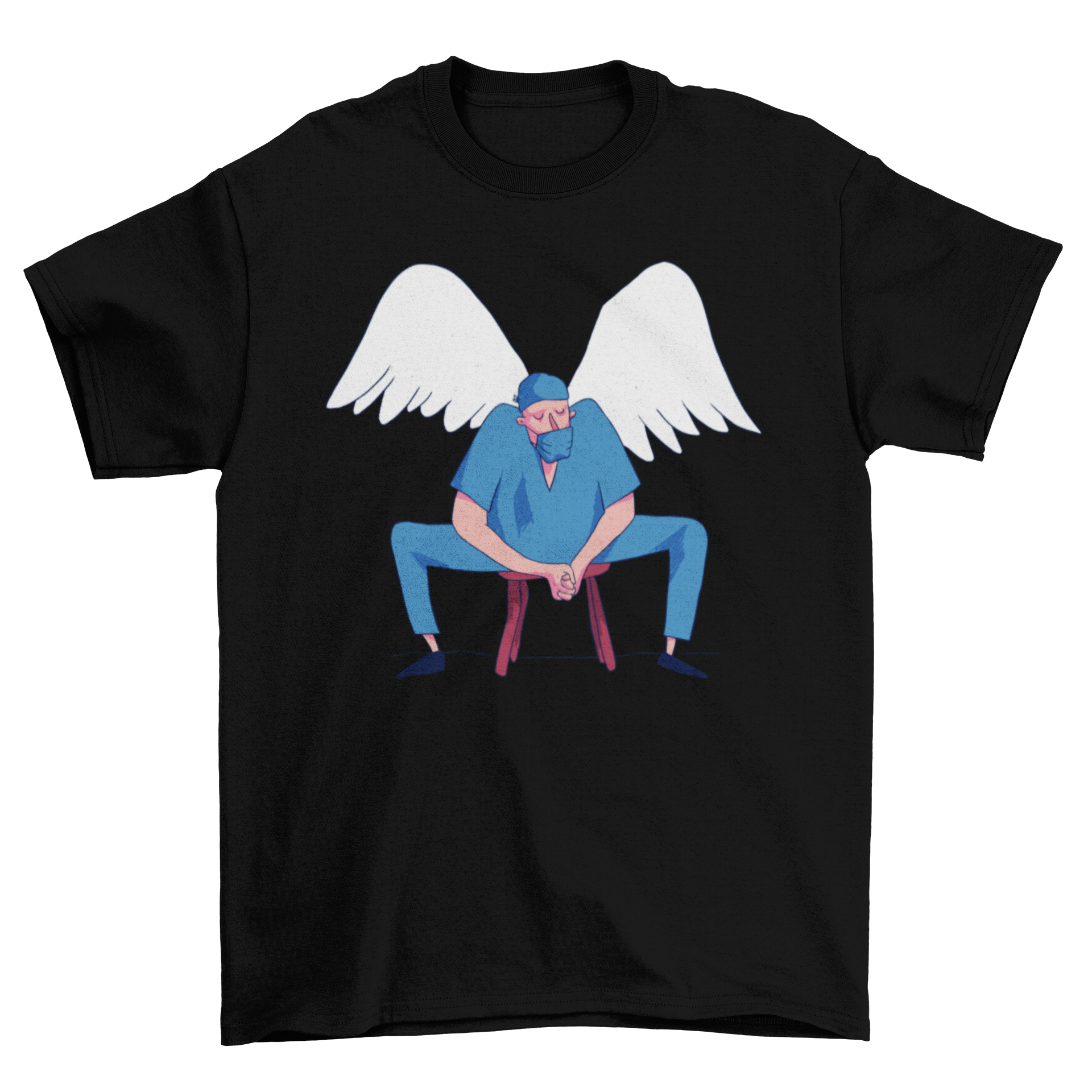 A T-shirt design featuring a doctor with angel wings, symbolizing care and compassion in healthcare.