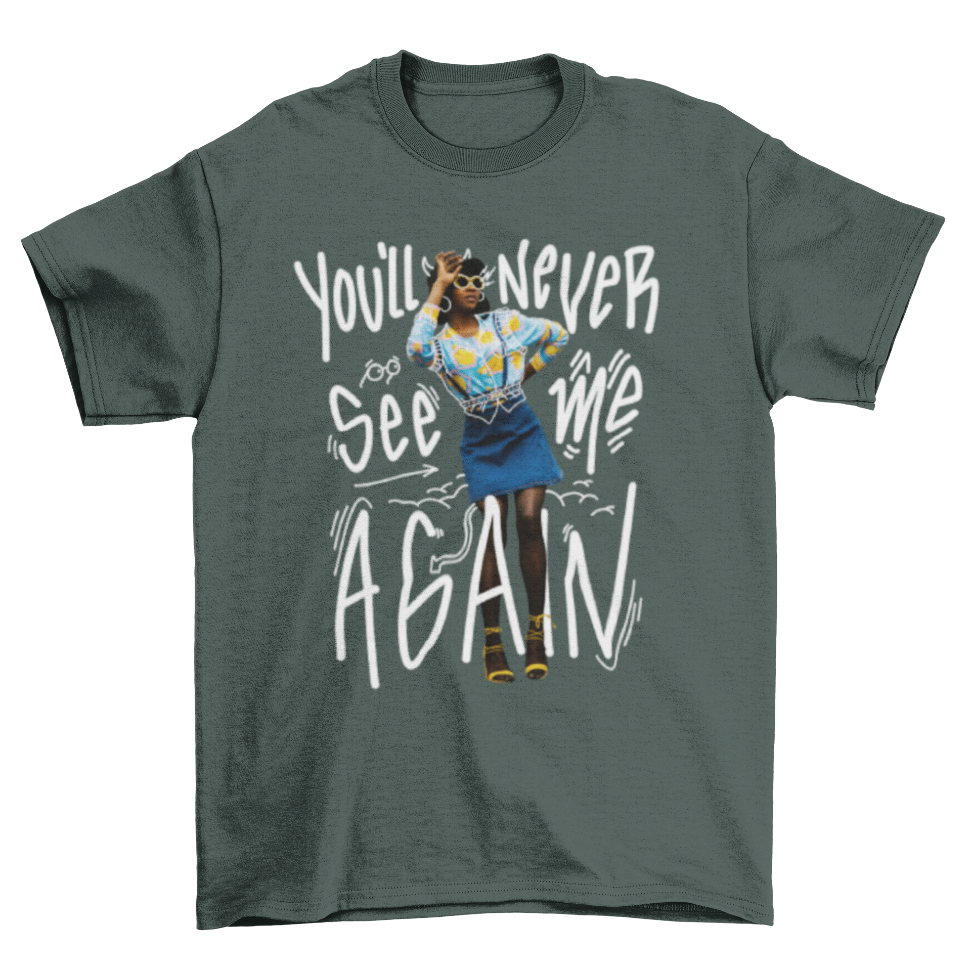 Doodle People Tee featuring a woman illustration and quote 'you'll never see me' on a soft cotton fabric.