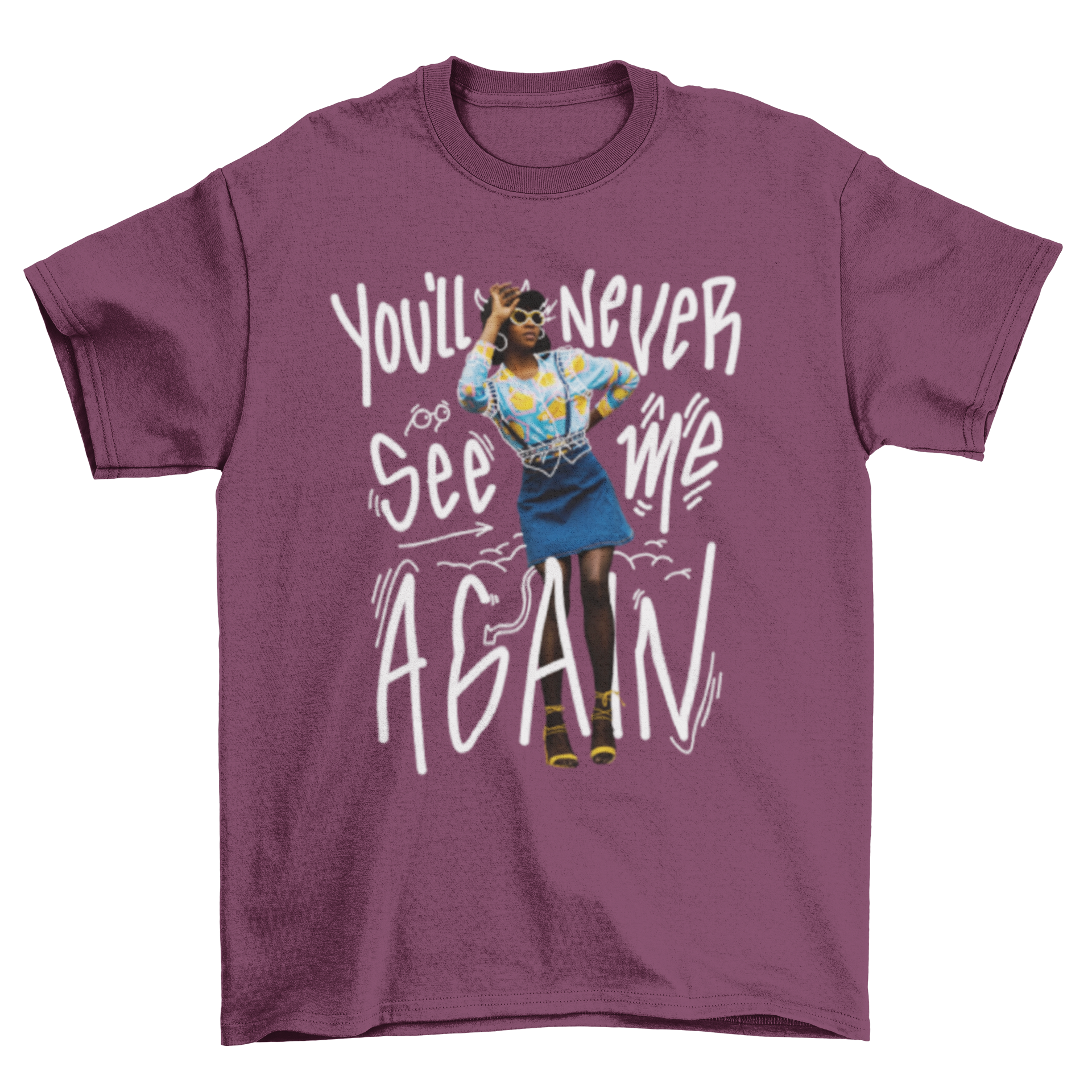 Doodle People Tee featuring a woman illustration and quote 'you'll never see me' on a soft cotton fabric.