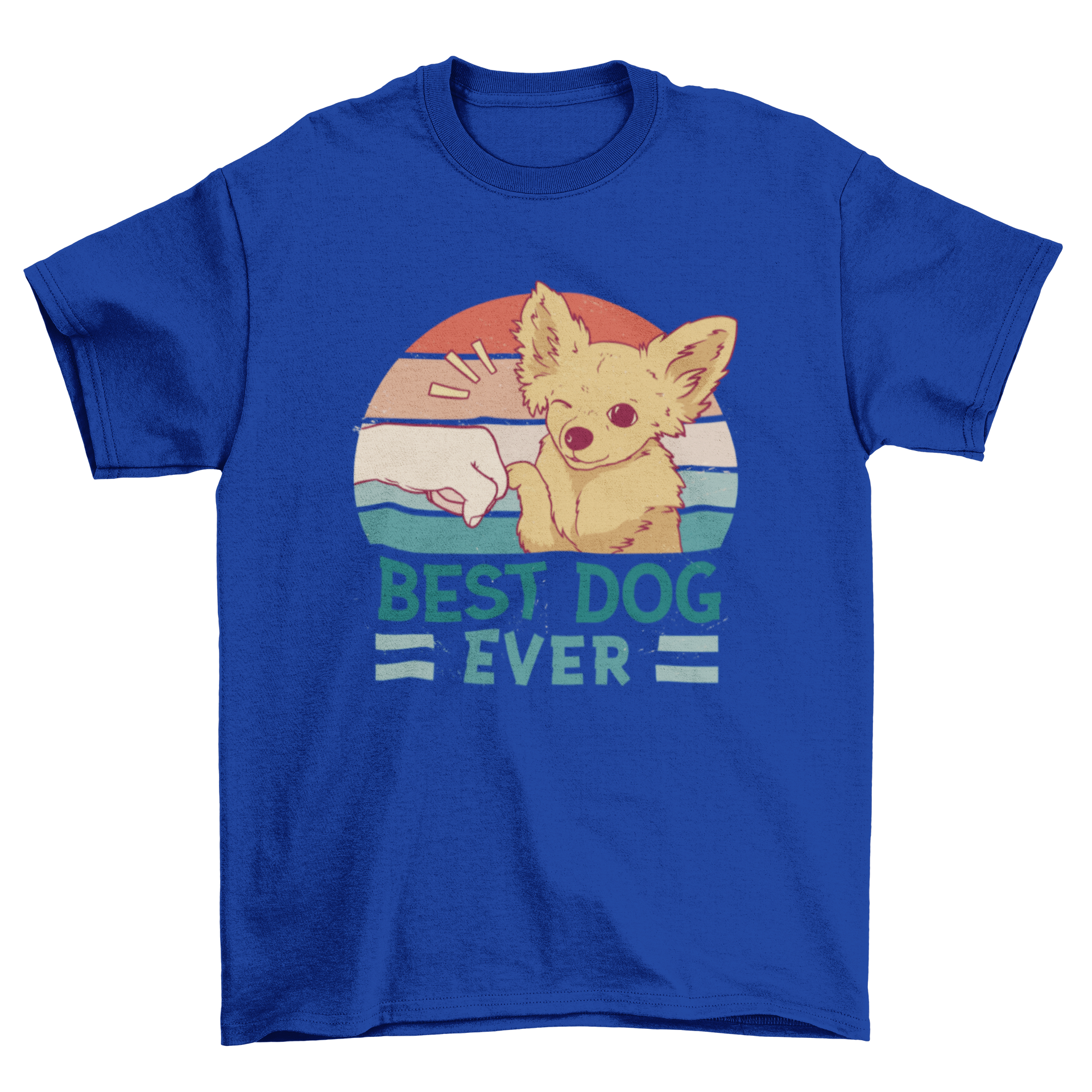 A vibrant t-shirt featuring a dog and human hand bumping paws against a retro sunset background with the quote 'Best Dog Ever'.