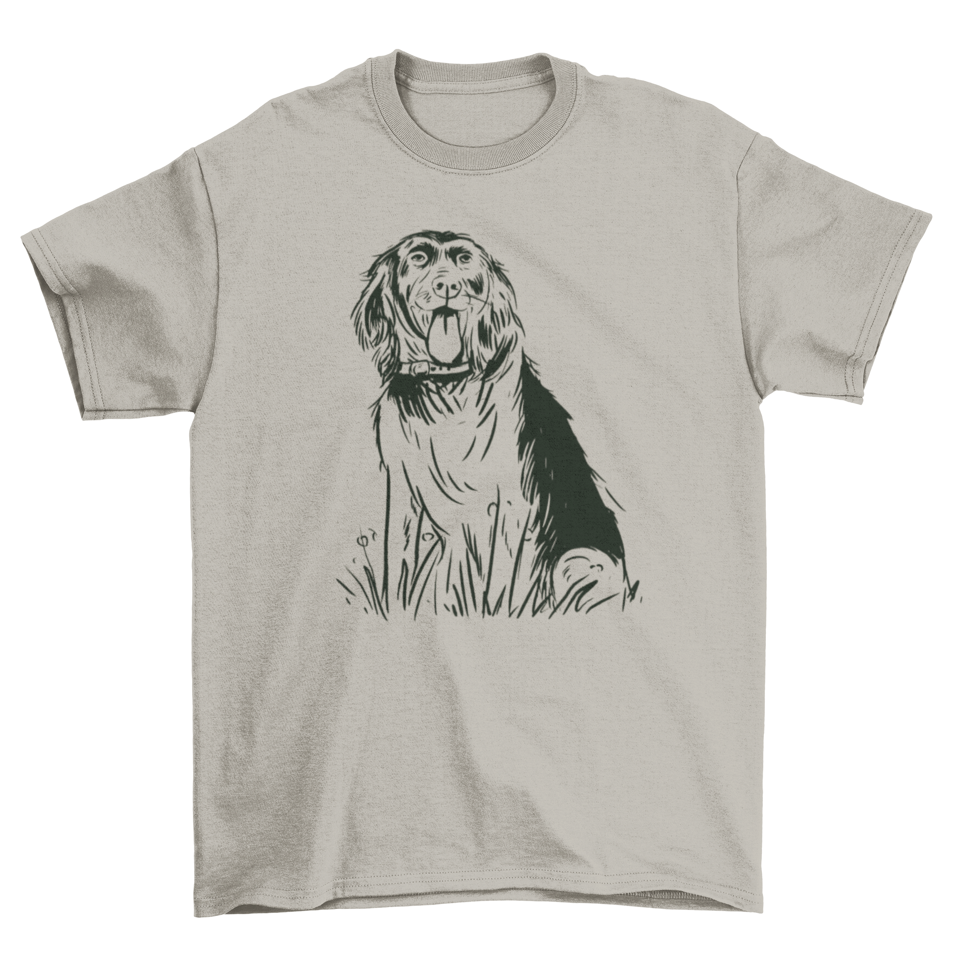 Hand-drawn t-shirt design featuring a Kleiner Munsterlander dog breed in artistic style.
