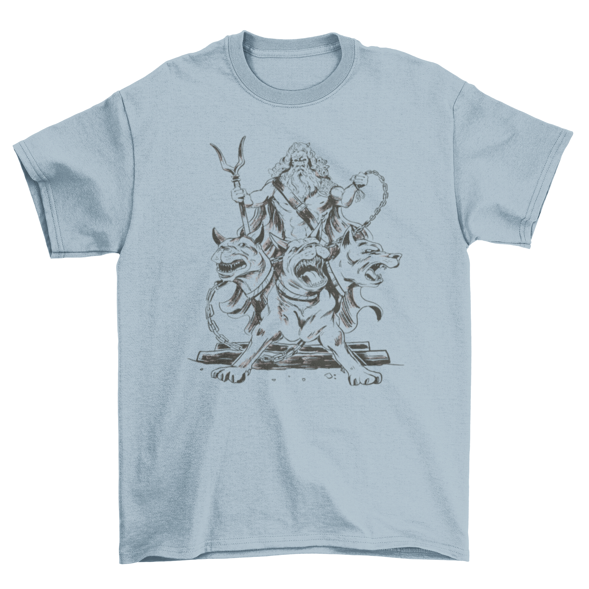 A stylish t-shirt featuring Cerberus, the three-headed dog from Greek mythology, held back by Hades, showcasing a unique design.