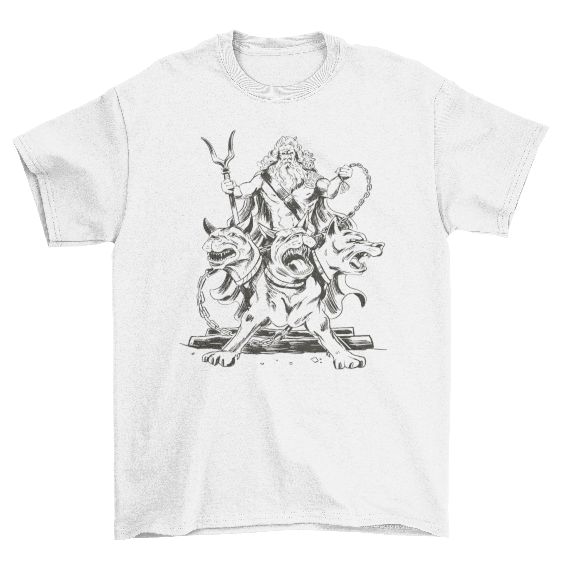 A stylish t-shirt featuring Cerberus, the three-headed dog from Greek mythology, held back by Hades, showcasing a unique design.