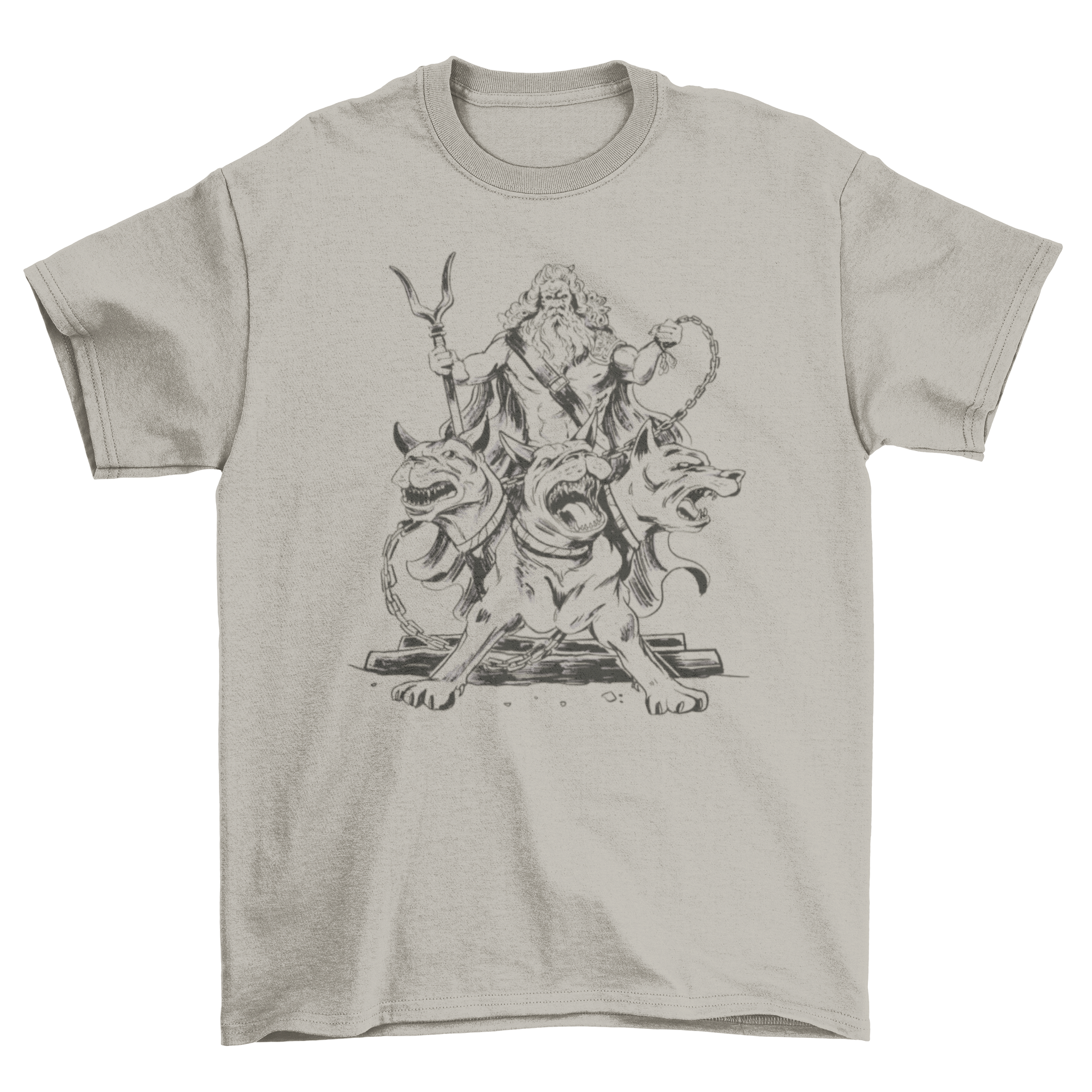 A stylish t-shirt featuring Cerberus, the three-headed dog from Greek mythology, held back by Hades, showcasing a unique design.