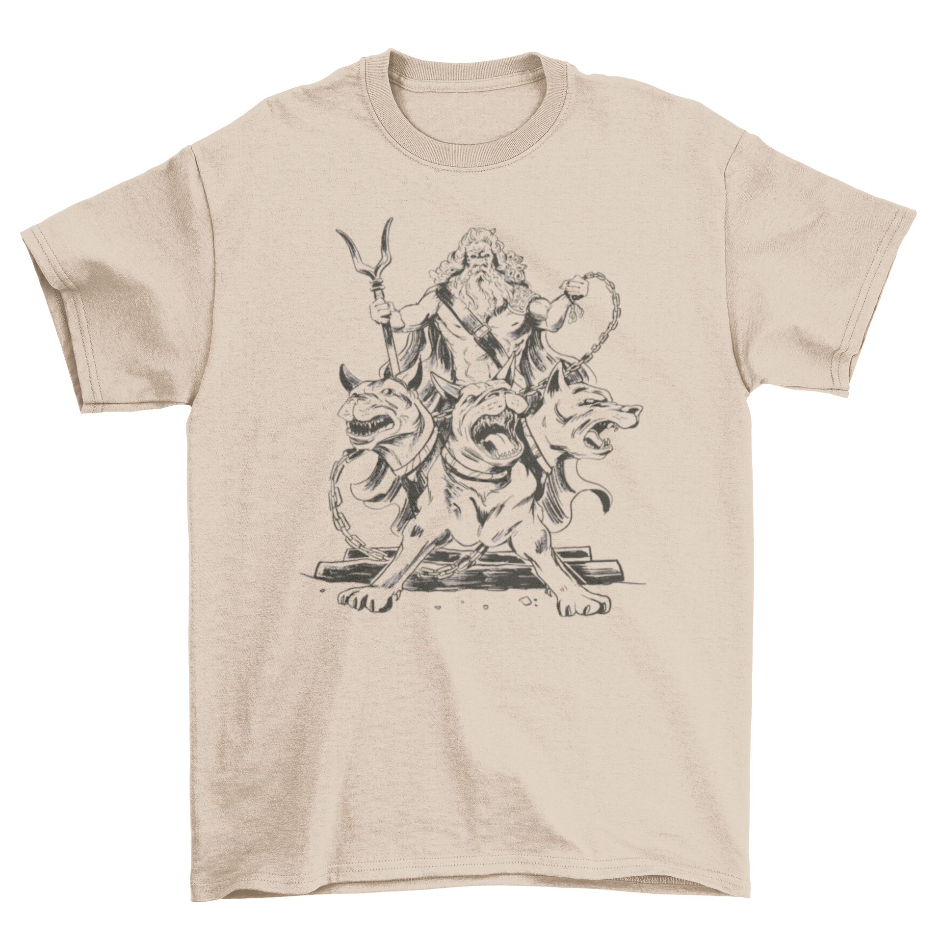A stylish t-shirt featuring Cerberus, the three-headed dog from Greek mythology, held back by Hades, showcasing a unique design.