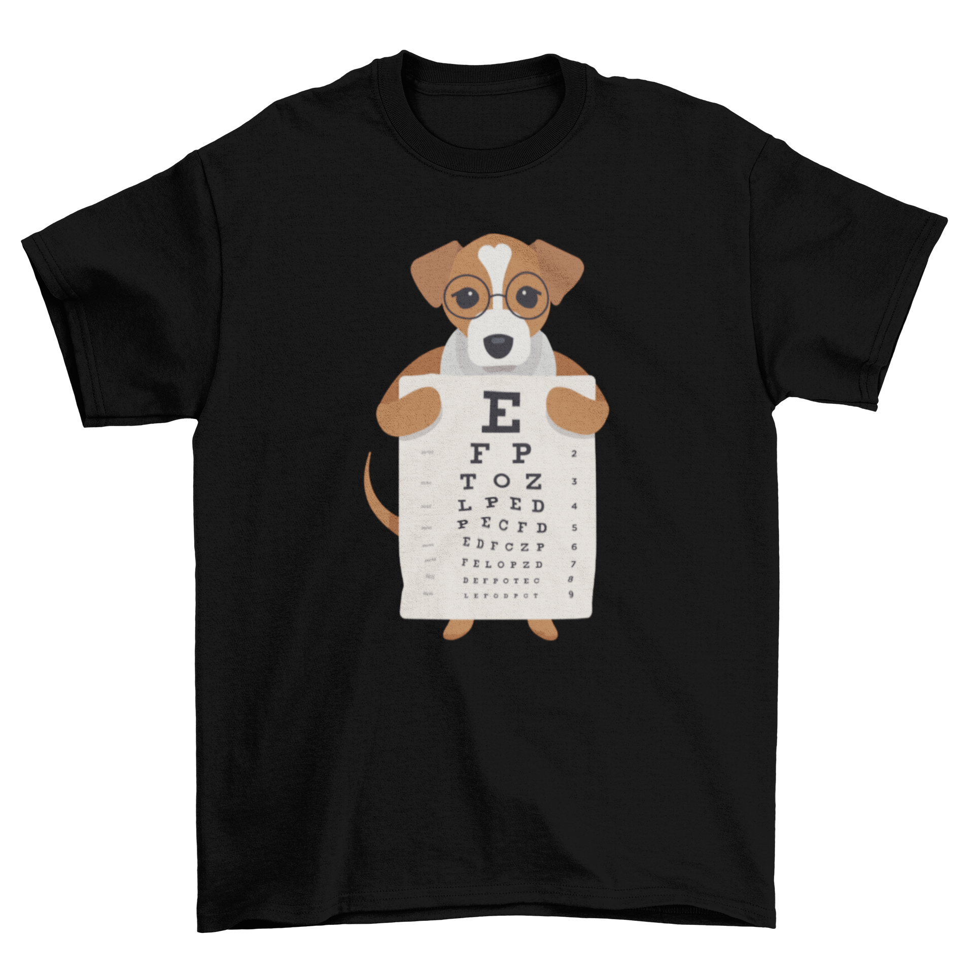 A playful T-shirt featuring a dog wearing glasses and holding an eye chart, perfect for dog lovers.