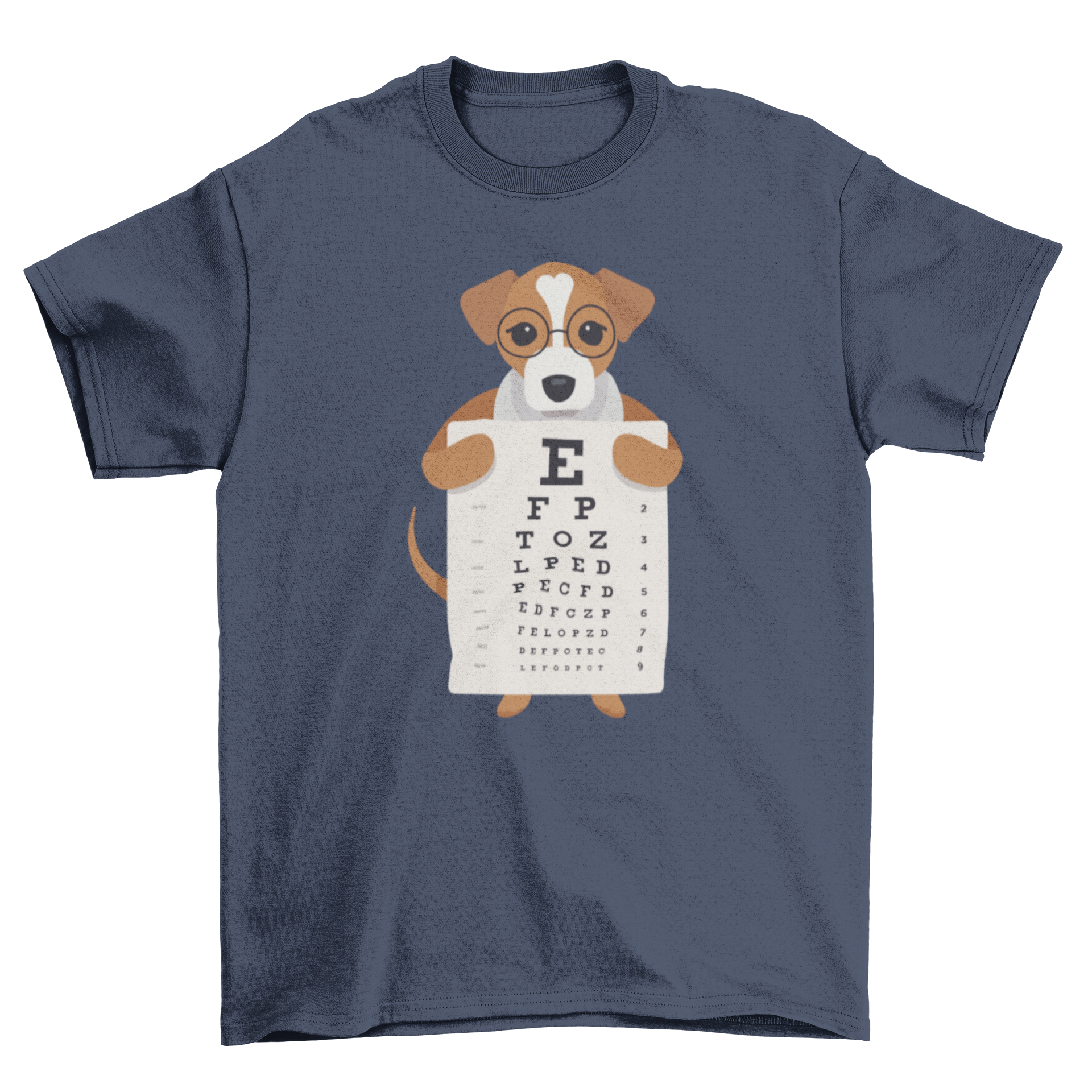 A playful T-shirt featuring a dog wearing glasses and holding an eye chart, perfect for dog lovers.